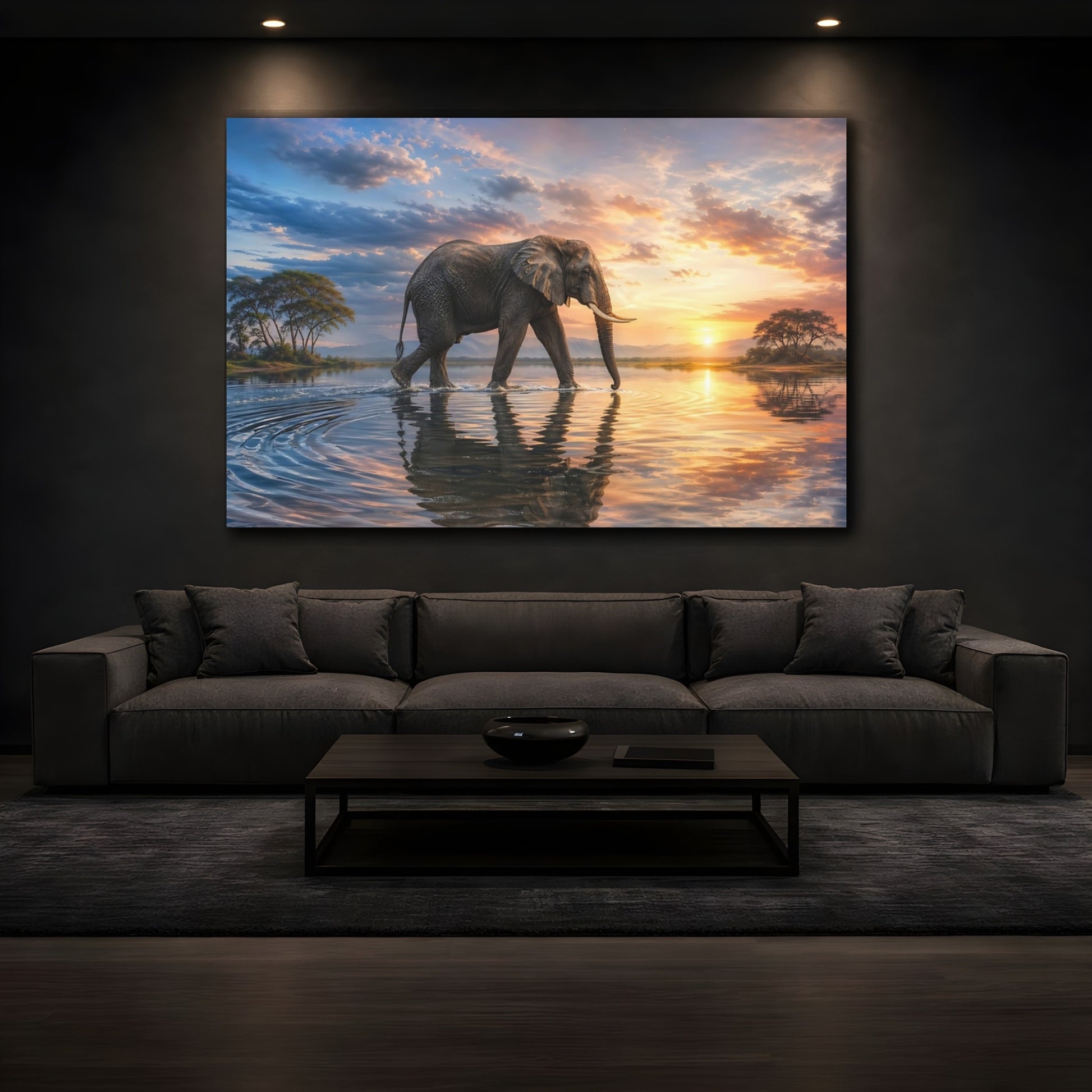 Mockup 4. Animals Elephant Elephant Sunset shown as stretched canvas wall art