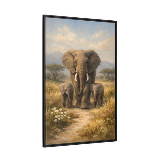 Main Mockup. Animals Elephant Family Brown And Blue shown as stretched canvas wall art