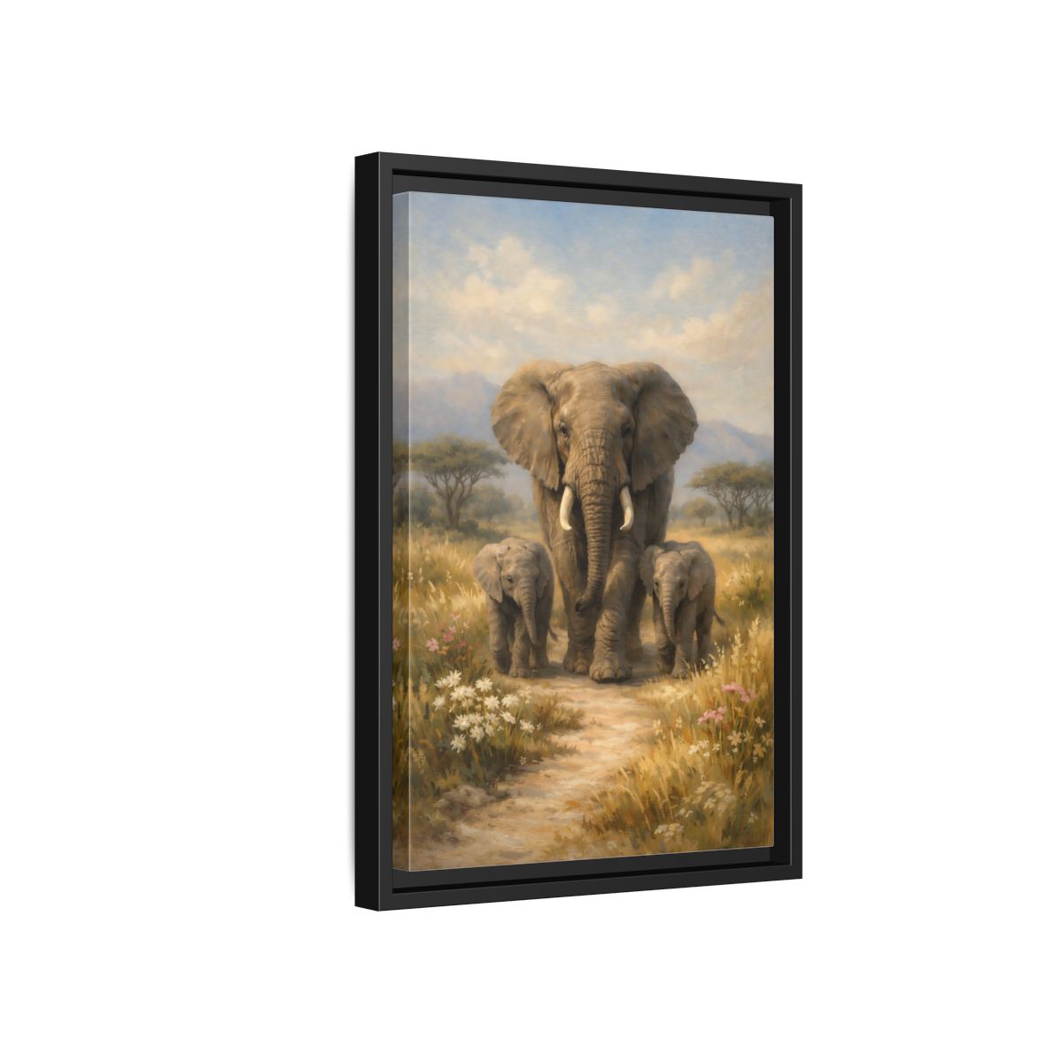 Side Mockup 6. Animals Elephant Family Brown And Blue shown as stretched canvas wall art