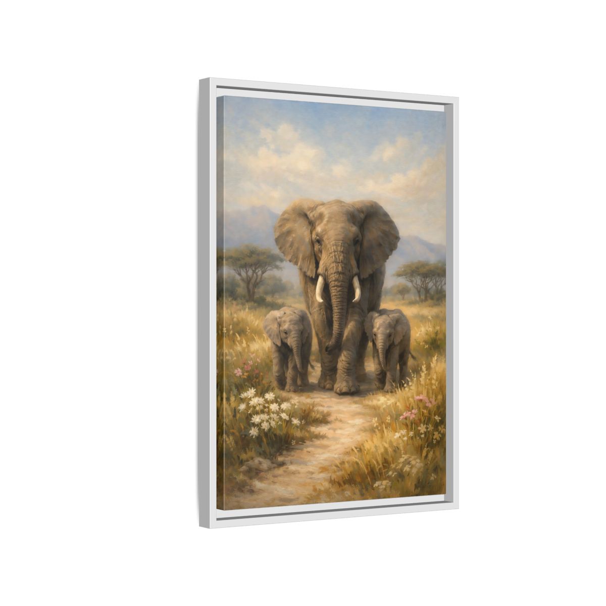 Side Mockup 1. Animals Elephant Family Brown And Blue shown as stretched canvas wall art
