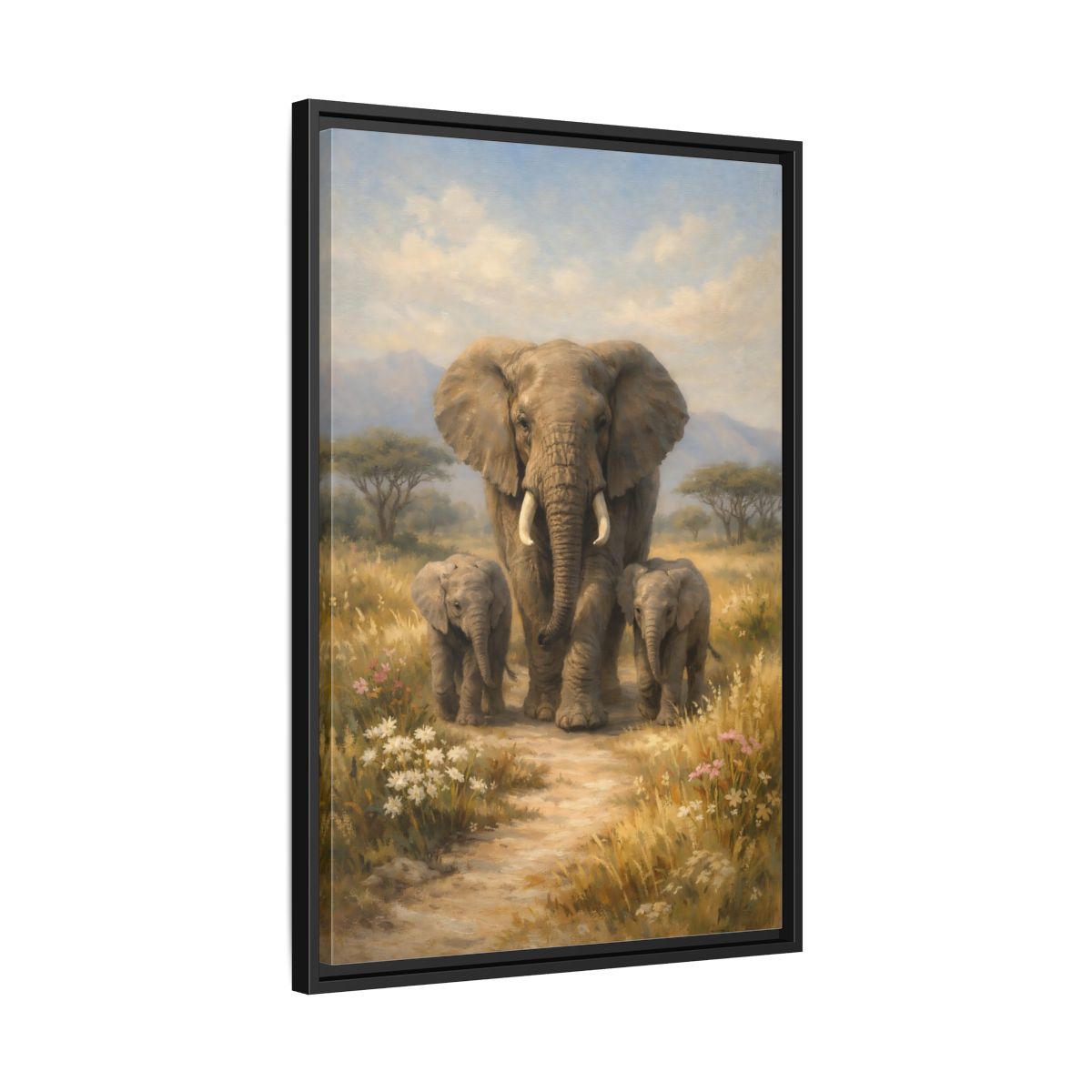 Side Mockup 14. Animals Elephant Family Brown And Blue shown as stretched canvas wall art