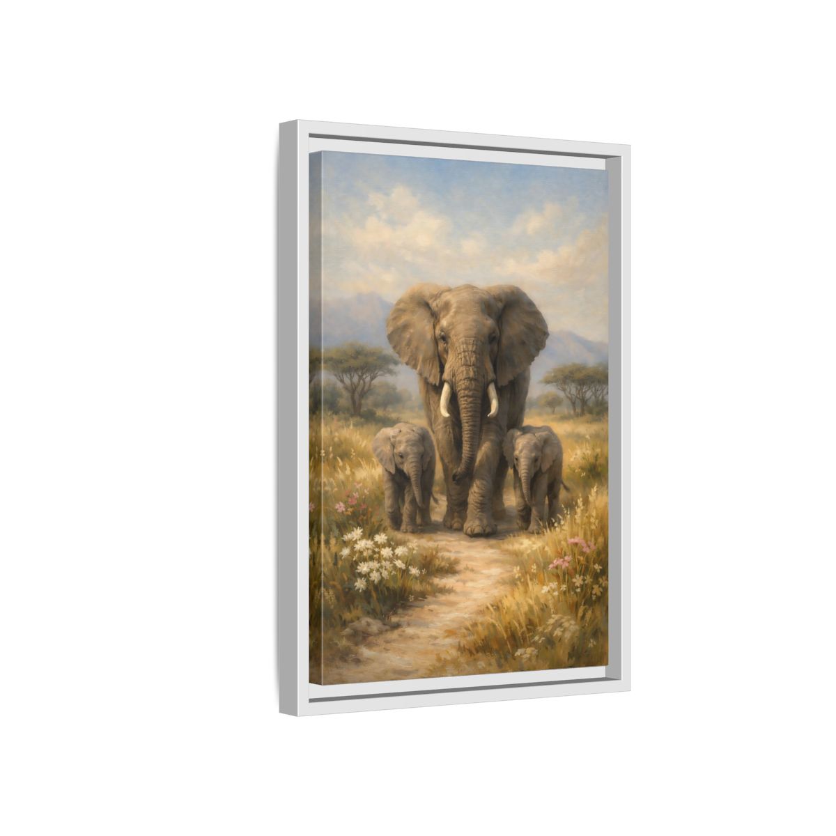 Side Mockup 4. Animals Elephant Family Brown And Blue shown as stretched canvas wall art