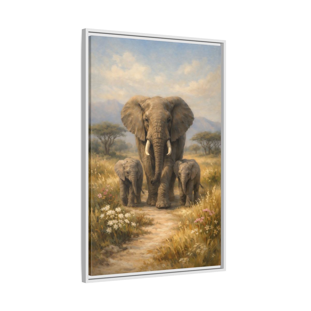 Side Mockup 9. Animals Elephant Family Brown And Blue shown as stretched canvas wall art