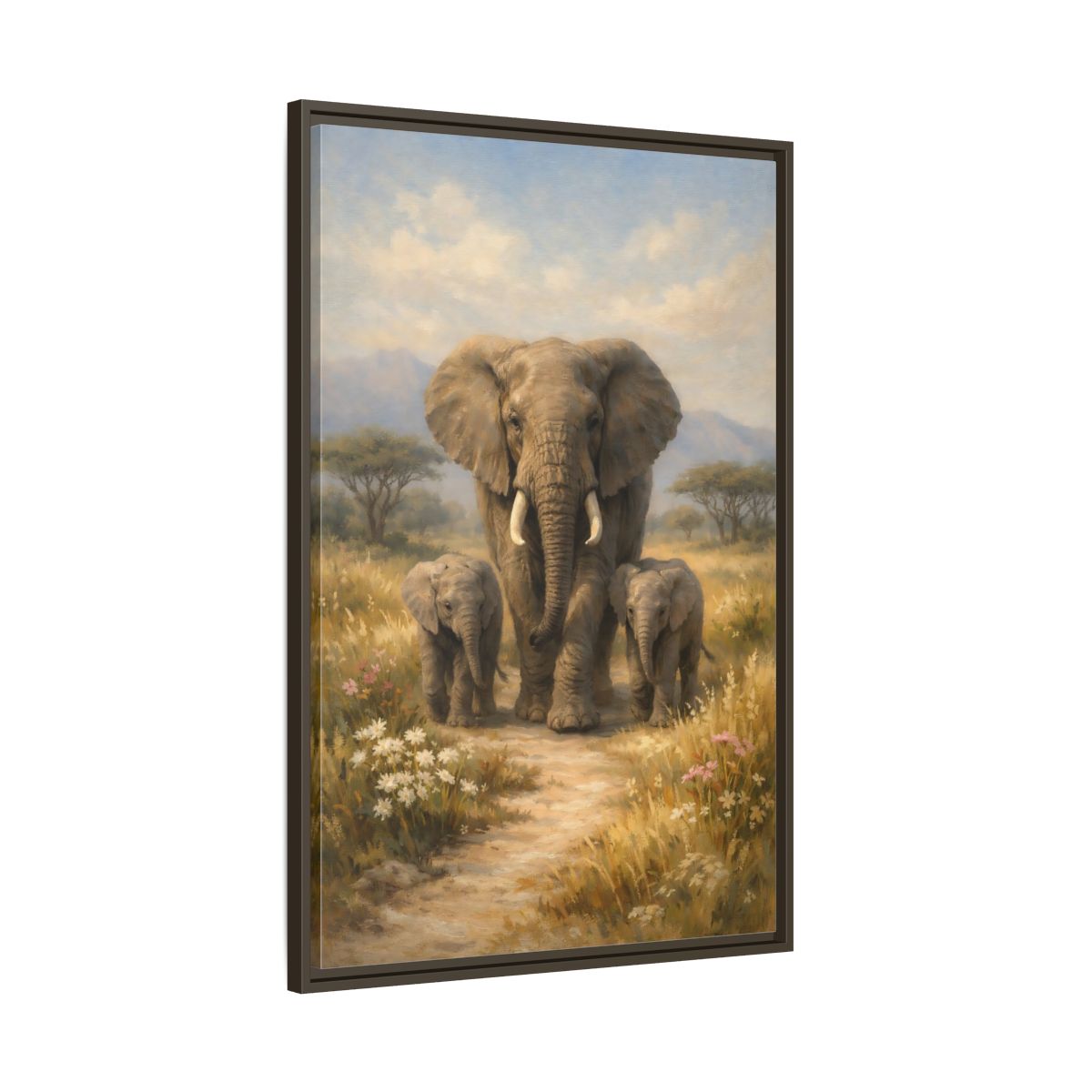Side Mockup 10. Animals Elephant Family Brown And Blue shown as stretched canvas wall art