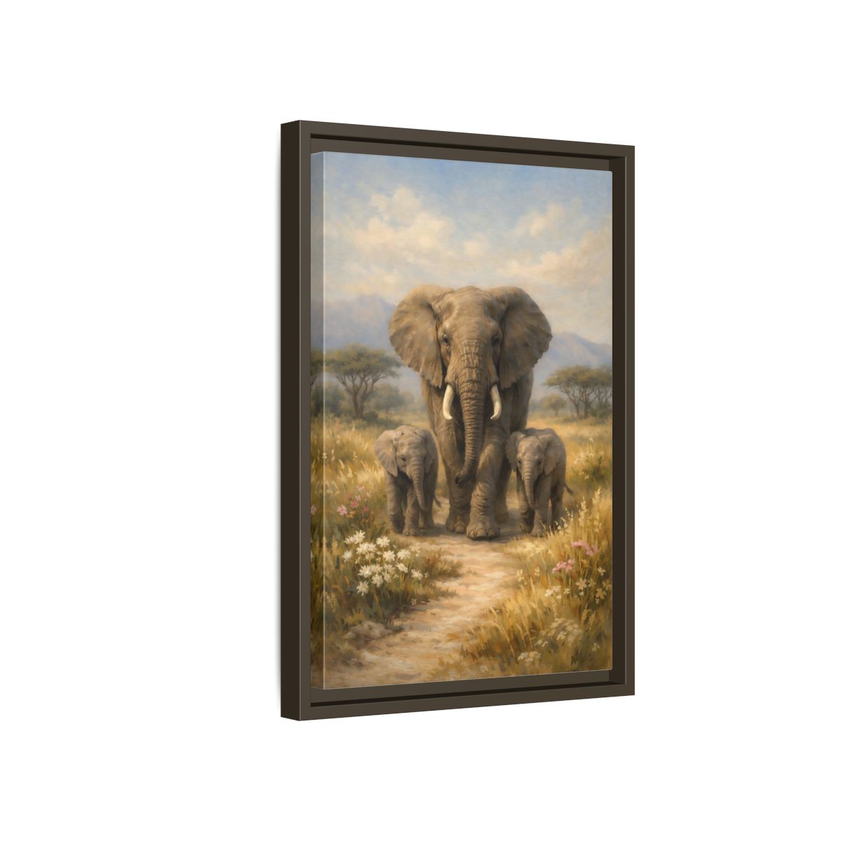 Side Mockup 5. Animals Elephant Family Brown And Blue shown as stretched canvas wall art