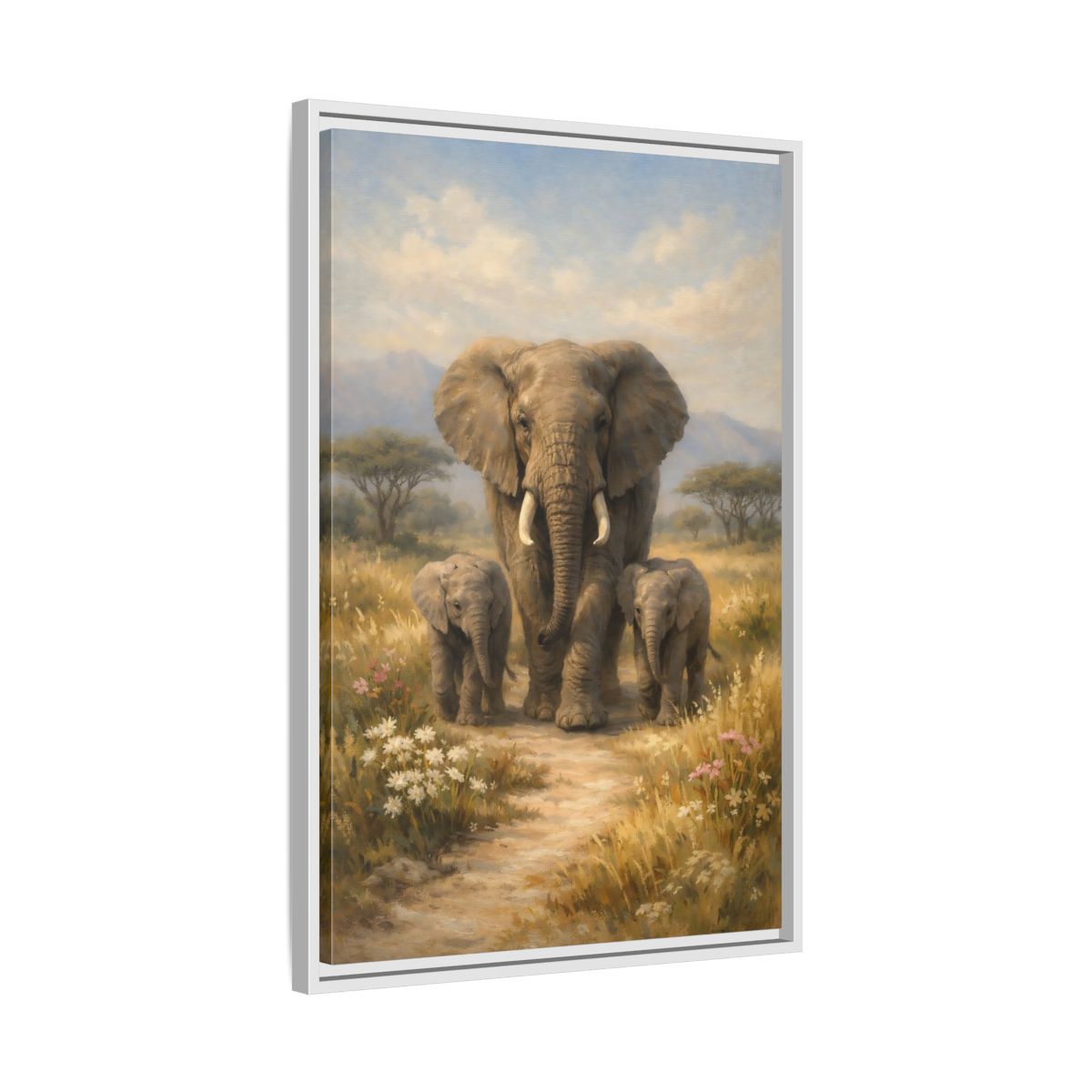 Side Mockup 11. Animals Elephant Family Brown And Blue shown as stretched canvas wall art
