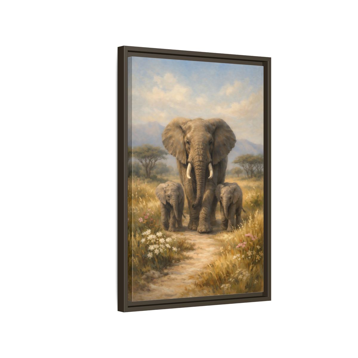 Side Mockup 2. Animals Elephant Family Brown And Blue shown as stretched canvas wall art