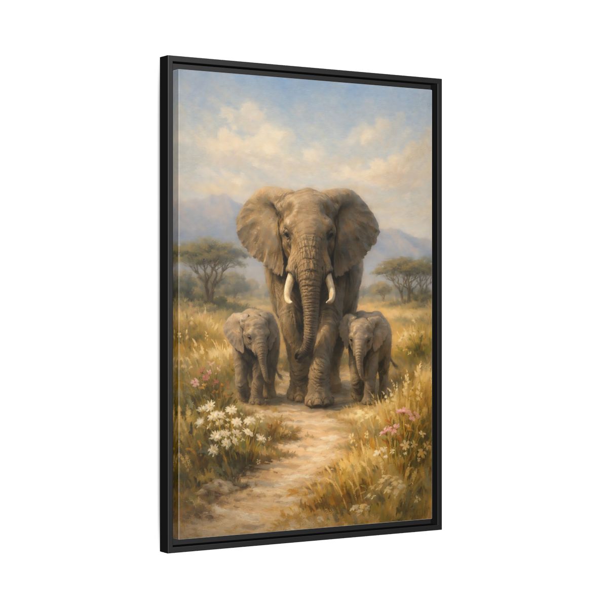 Side Mockup 13. Animals Elephant Family Brown And Blue shown as stretched canvas wall art