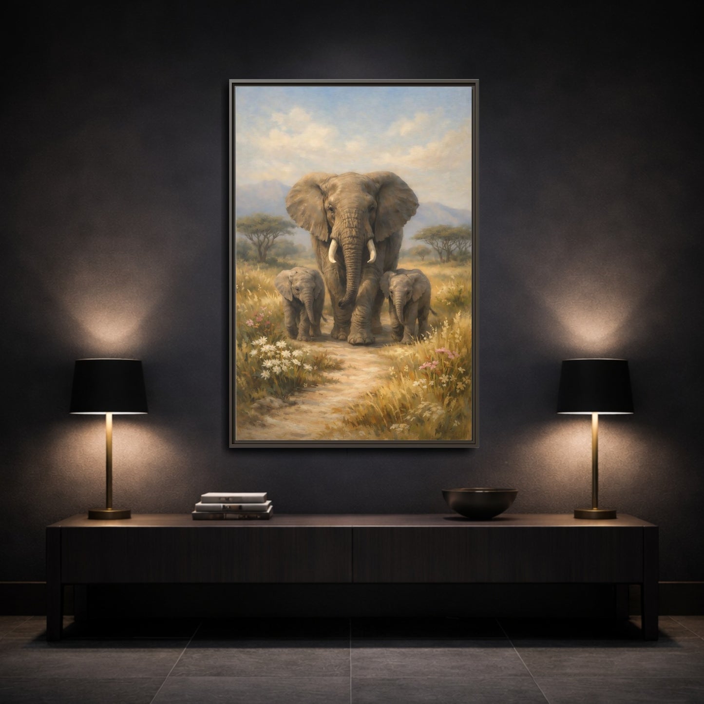 Mockup 2. Animals Elephant Family Brown And Blue shown as stretched canvas wall art