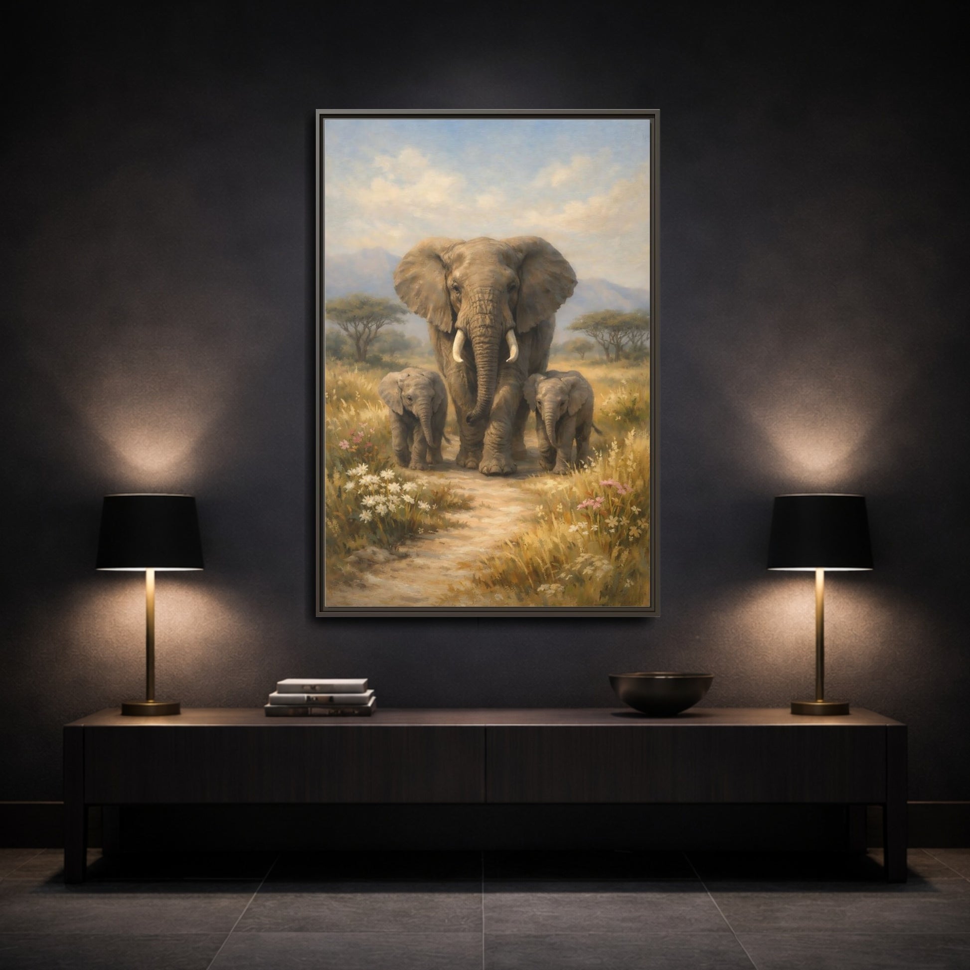 Mockup 2. Animals Elephant Family Brown And Blue shown as stretched canvas wall art