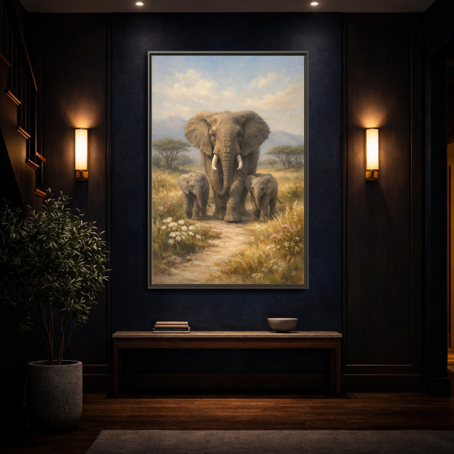 Mockup 3. Animals Elephant Family Brown And Blue shown as stretched canvas wall art