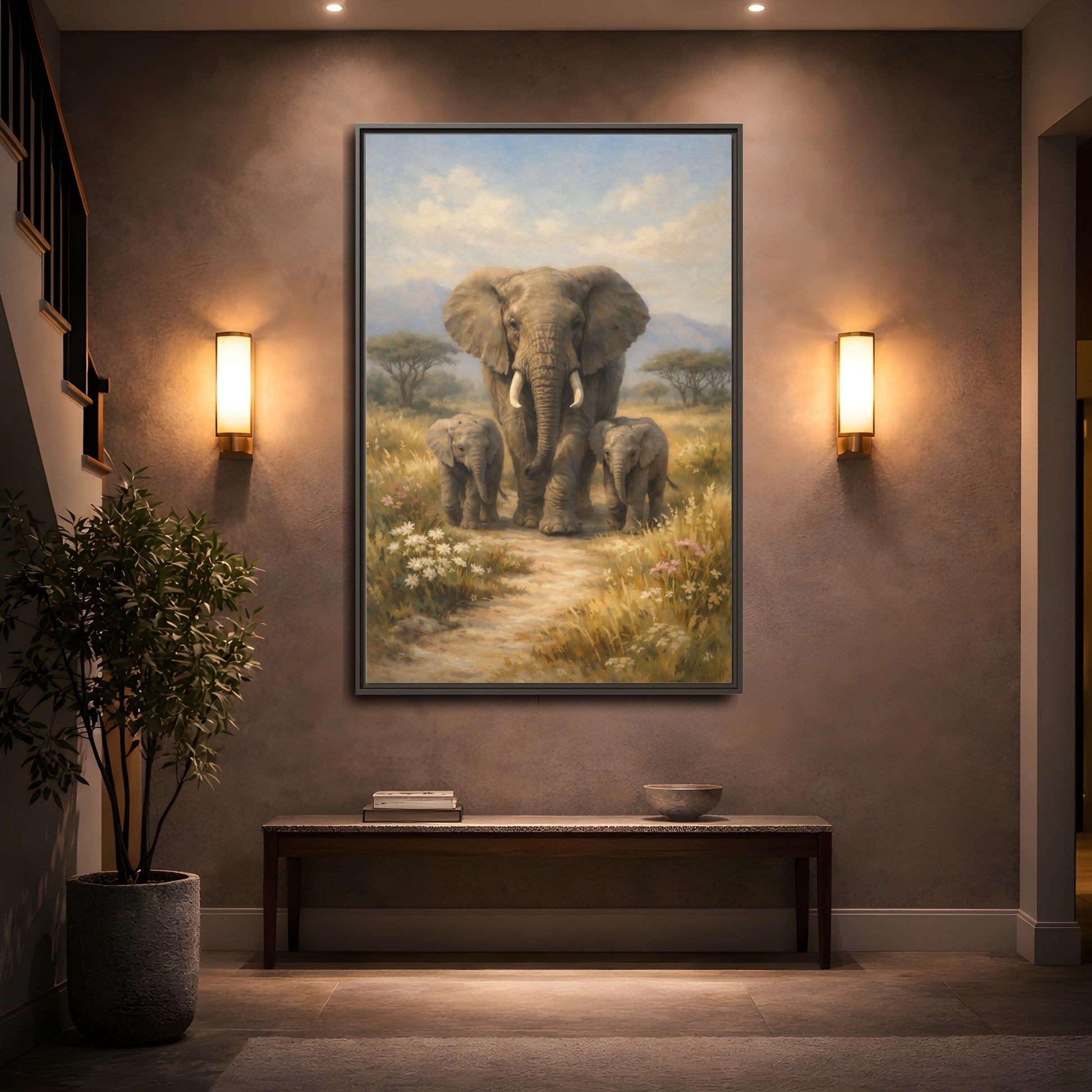 Mockup 4. Animals Elephant Family Brown And Blue shown as stretched canvas wall art