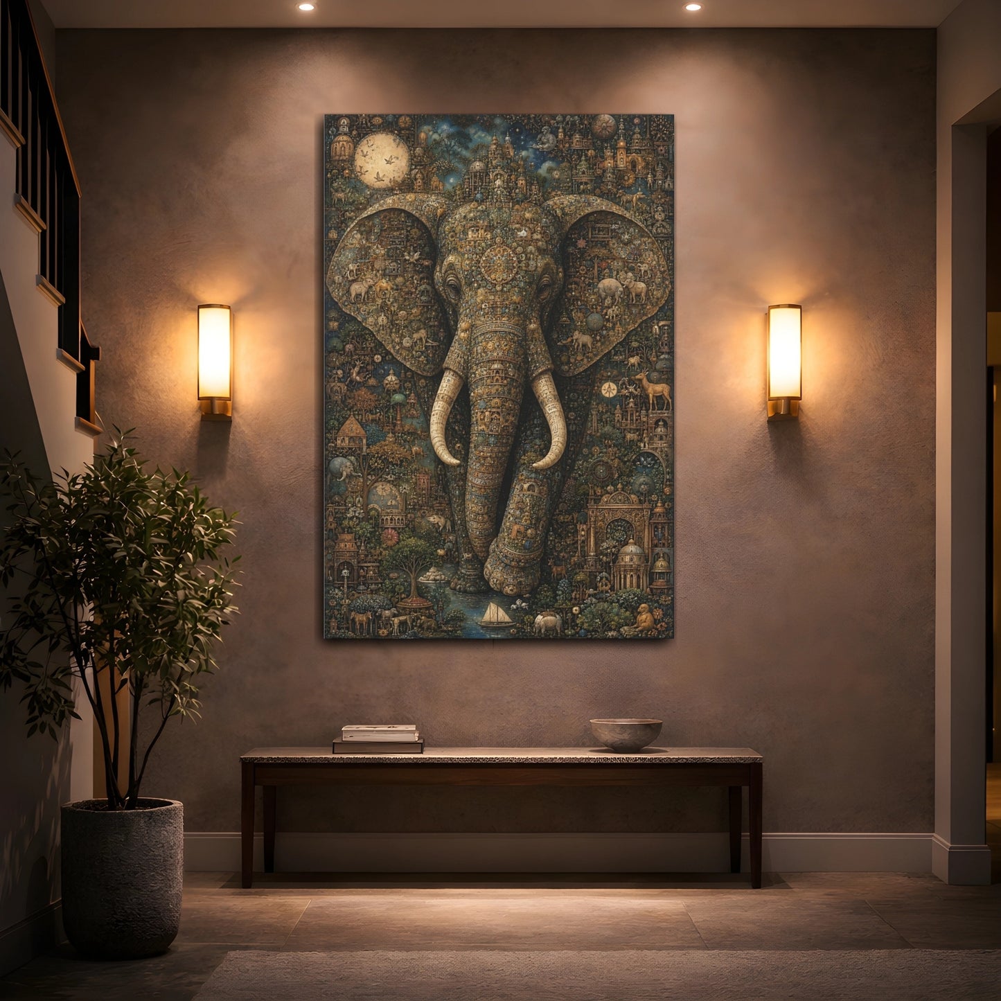 Mockup 2. Animals Elephant Gold And Teal shown as stretched canvas wall art