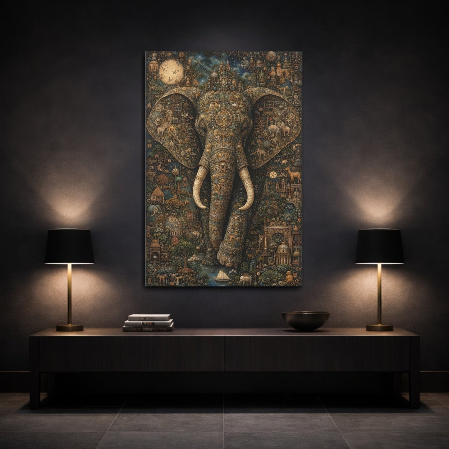 Mockup 3. Animals Elephant Gold And Teal shown as stretched canvas wall art
