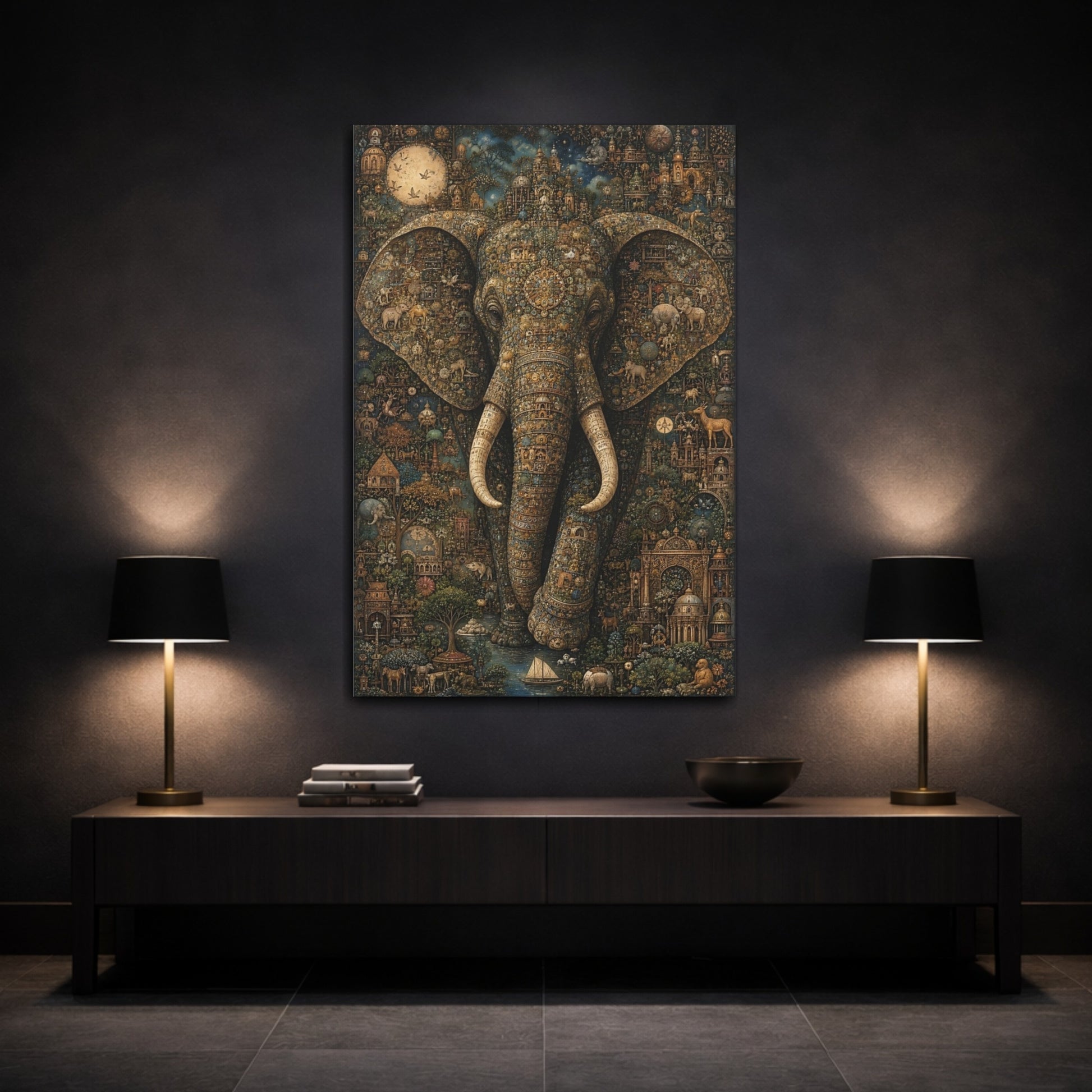 Mockup 3. Animals Elephant Gold And Teal shown as stretched canvas wall art