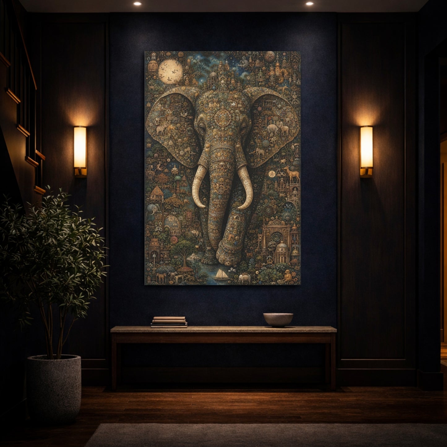 Mockup 4. Animals Elephant Gold And Teal shown as stretched canvas wall art