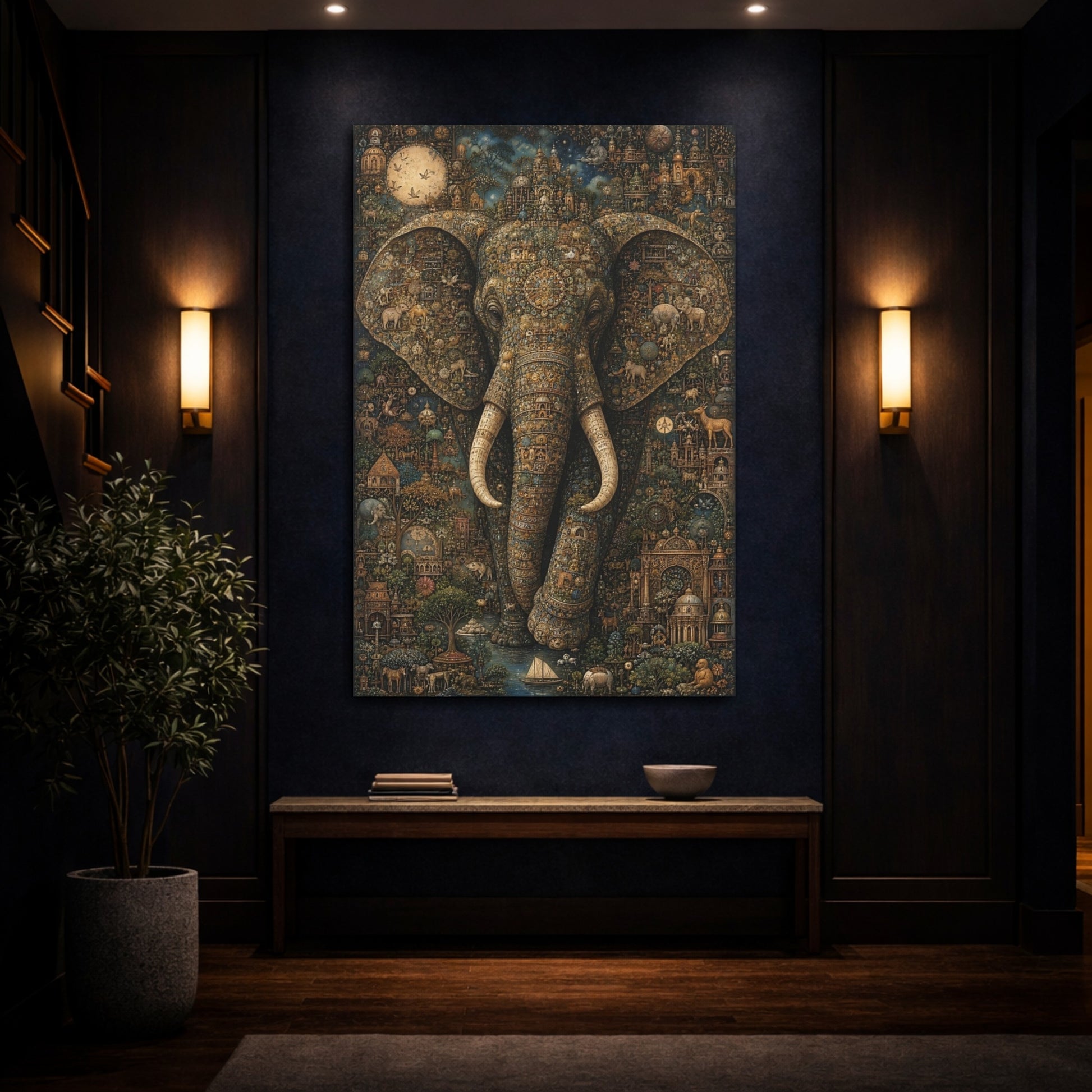 Mockup 4. Animals Elephant Gold And Teal shown as stretched canvas wall art