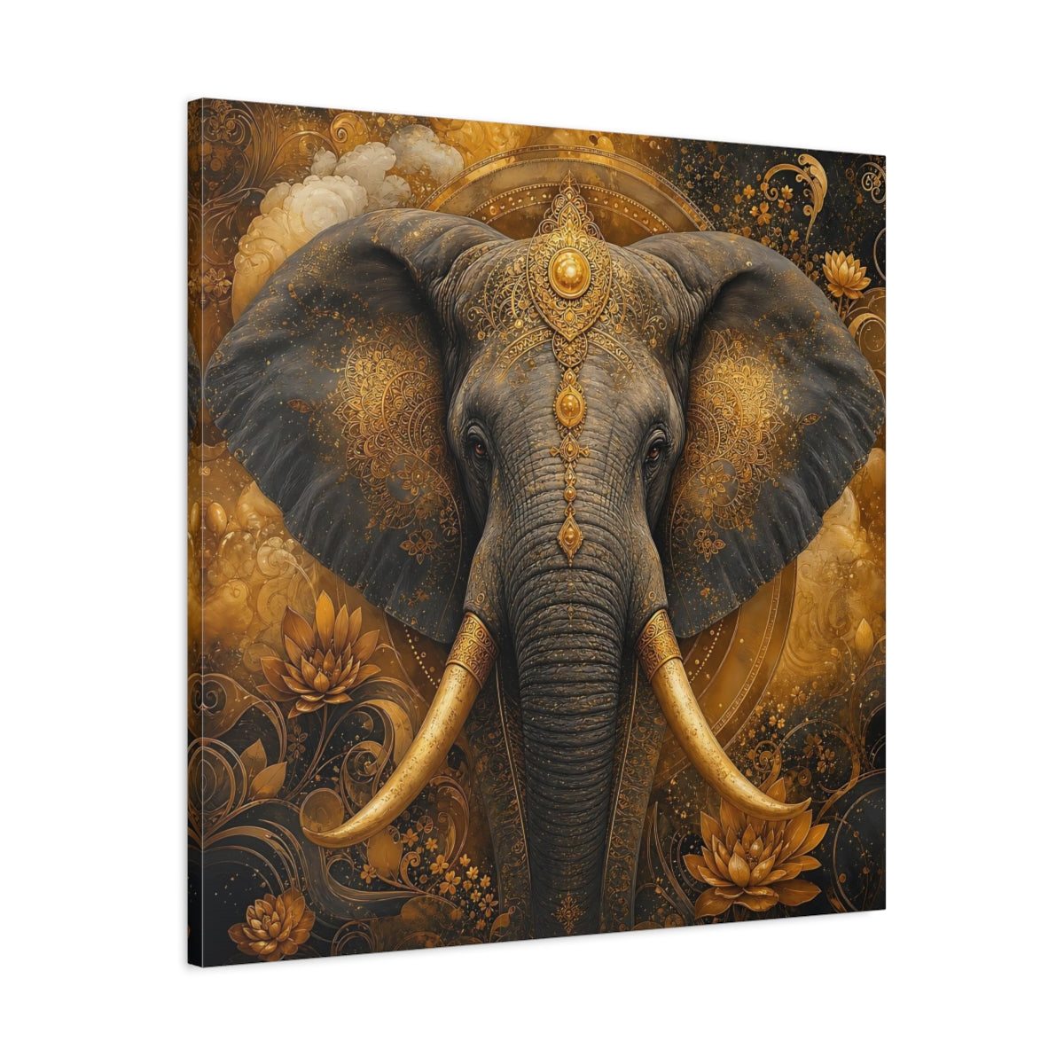 Side Mockup 3. Animals Elephant Gold Elephant shown as stretched canvas wall art