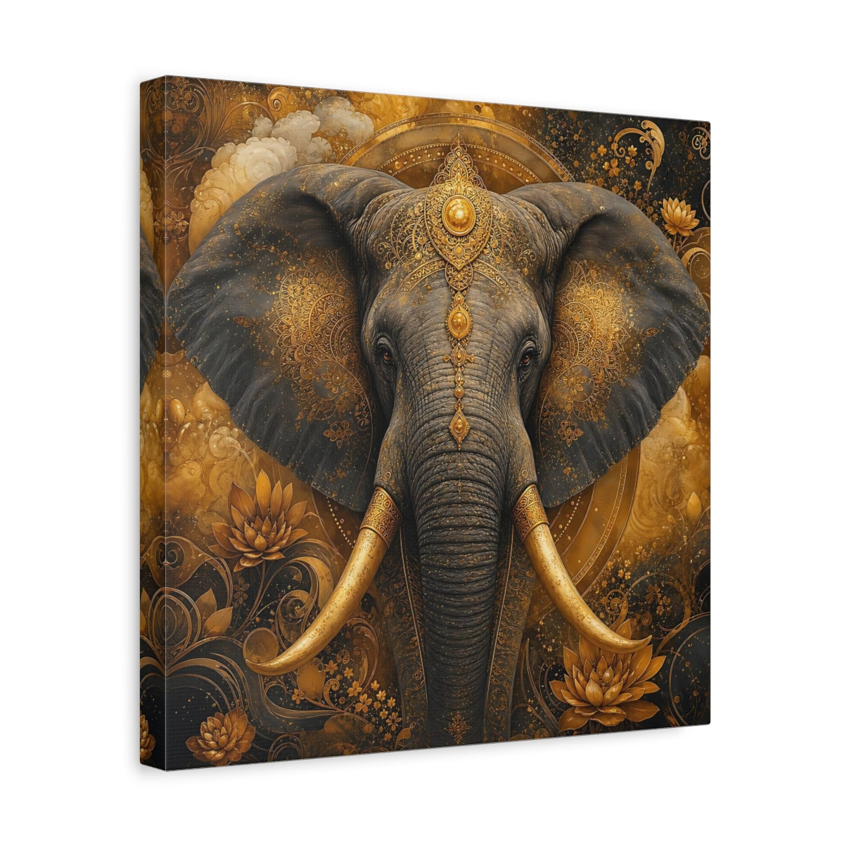 Side Mockup 7. Animals Elephant Gold Elephant shown as stretched canvas wall art