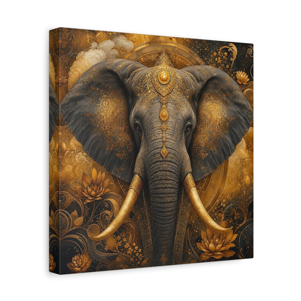 Side Mockup 8. Animals Elephant Gold Elephant shown as stretched canvas wall art