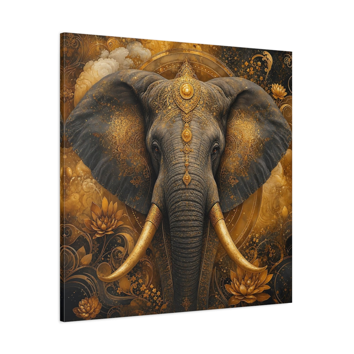 Side Mockup 1. Animals Elephant Gold Elephant shown as stretched canvas wall art