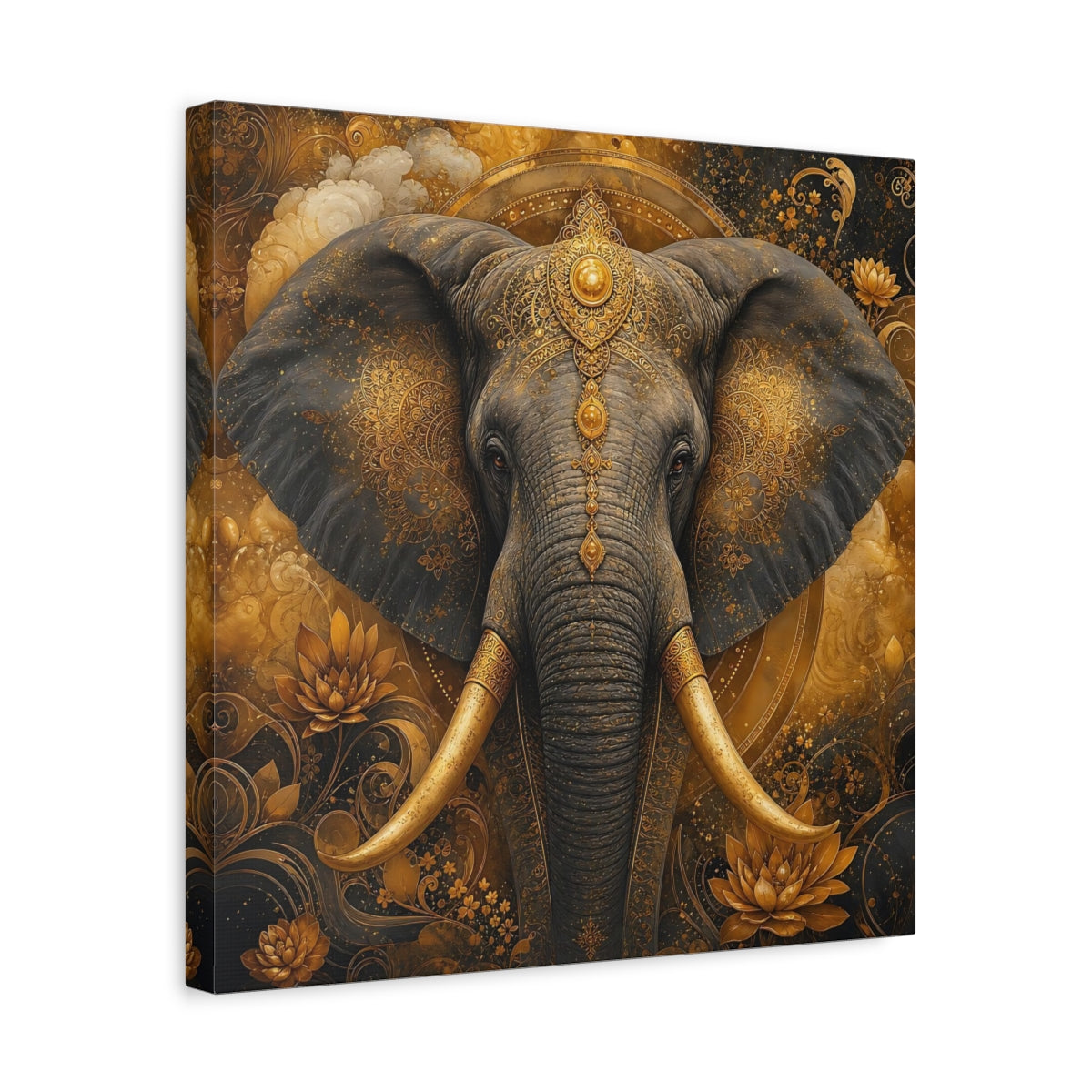 Side Mockup 6. Animals Elephant Gold Elephant shown as stretched canvas wall art