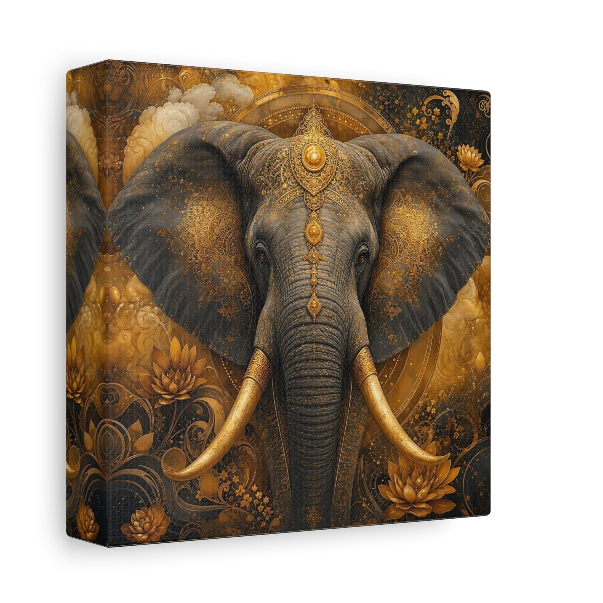 Side Mockup 2. Animals Elephant Gold Elephant shown as stretched canvas wall art