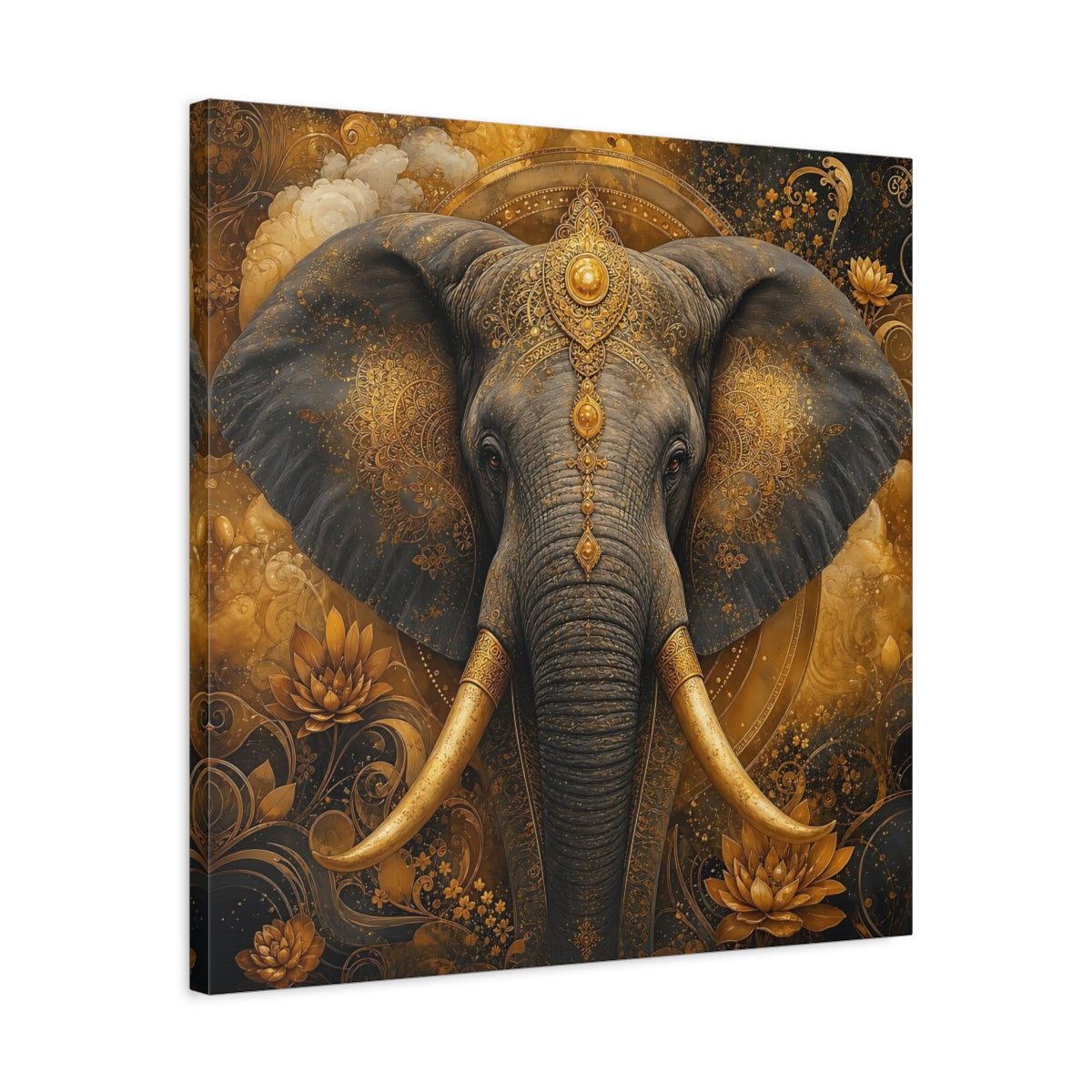 Side Mockup 4. Animals Elephant Gold Elephant shown as stretched canvas wall art