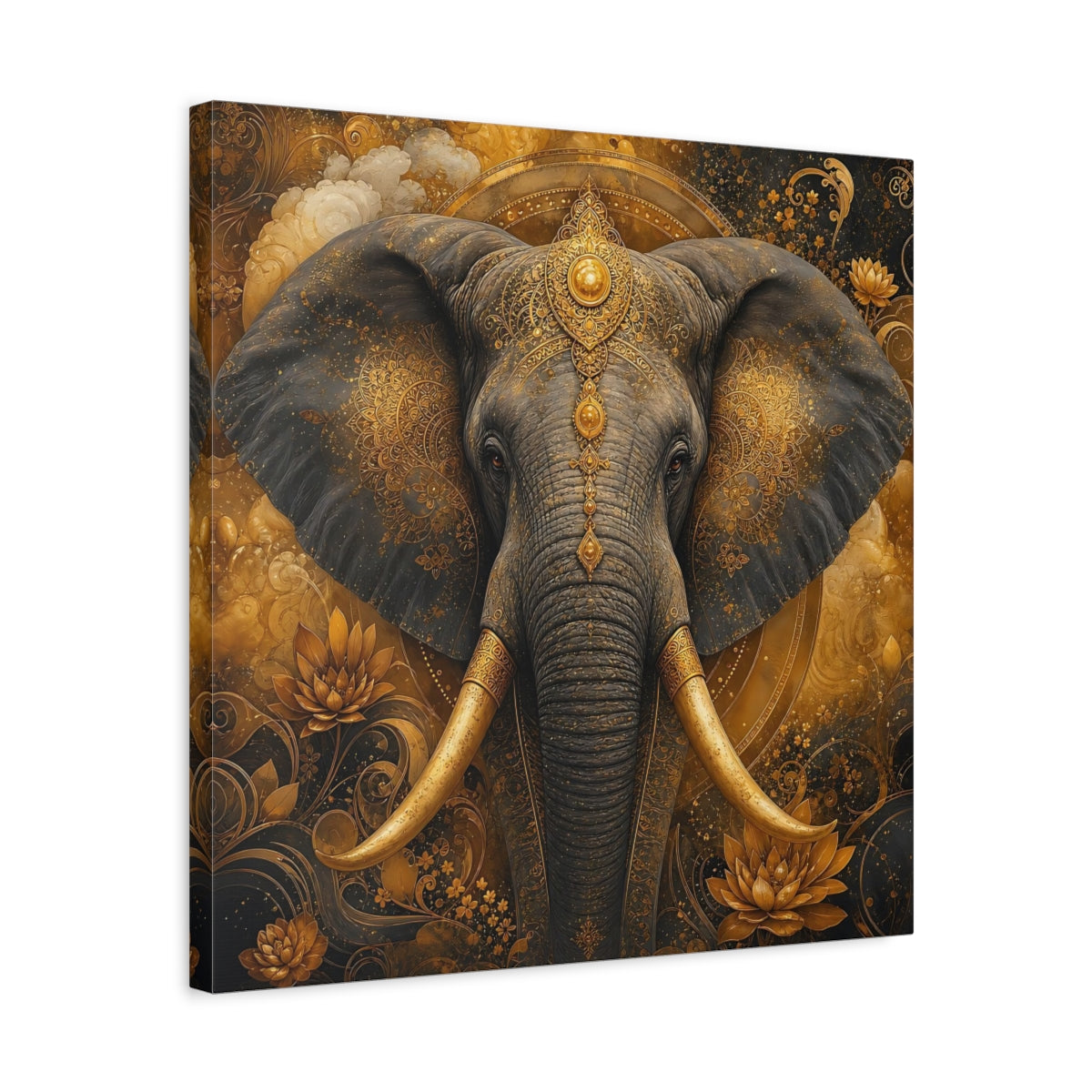 Side Mockup 5. Animals Elephant Gold Elephant shown as stretched canvas wall art