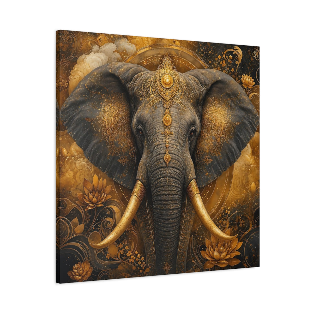 Main Mockup. Animals Elephant Gold Elephant shown as stretched canvas wall art