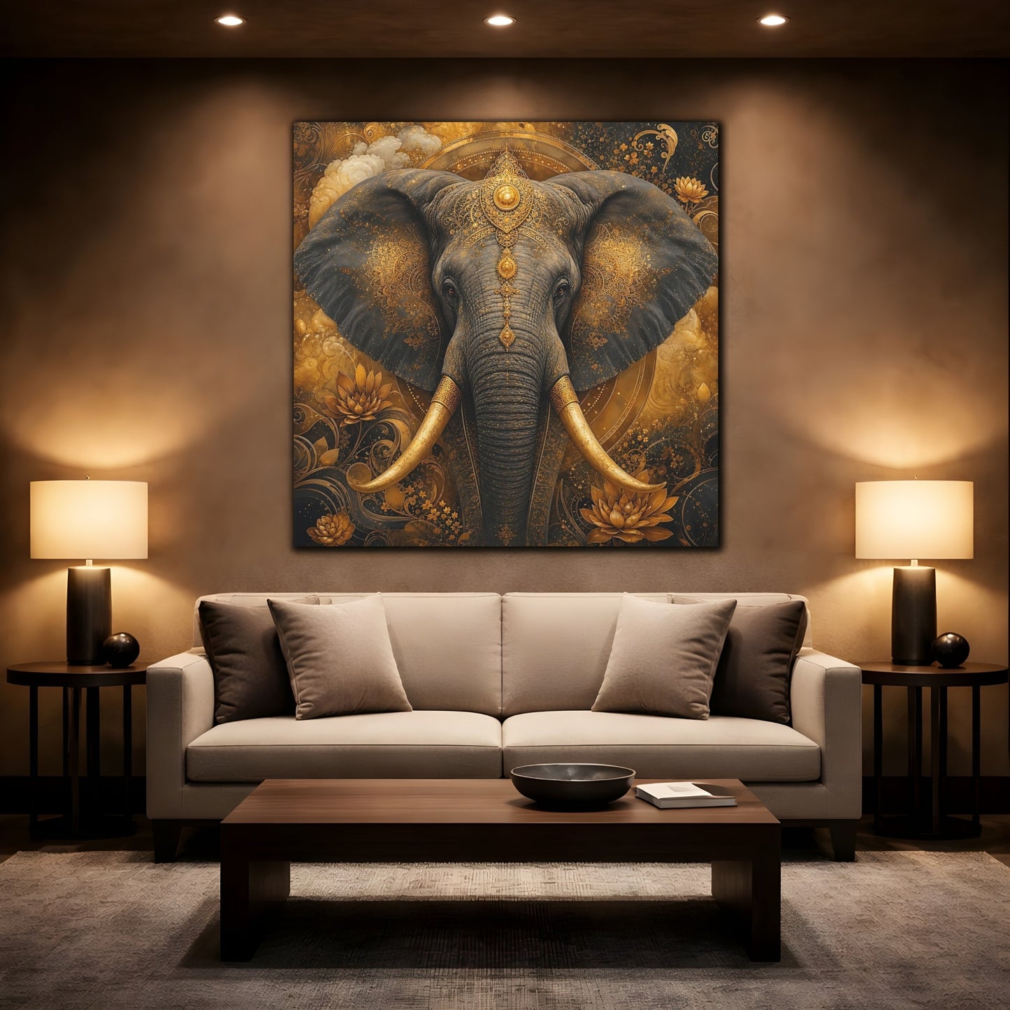 Mockup 2. Animals Elephant Gold Elephant shown as stretched canvas wall art