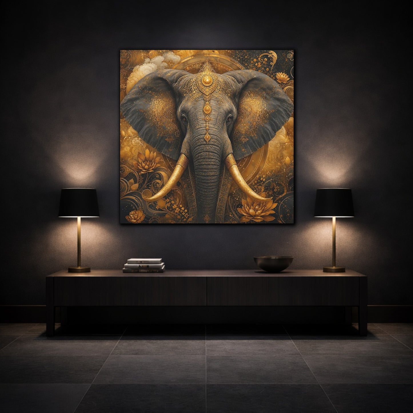 Mockup 3. Animals Elephant Gold Elephant shown as stretched canvas wall art