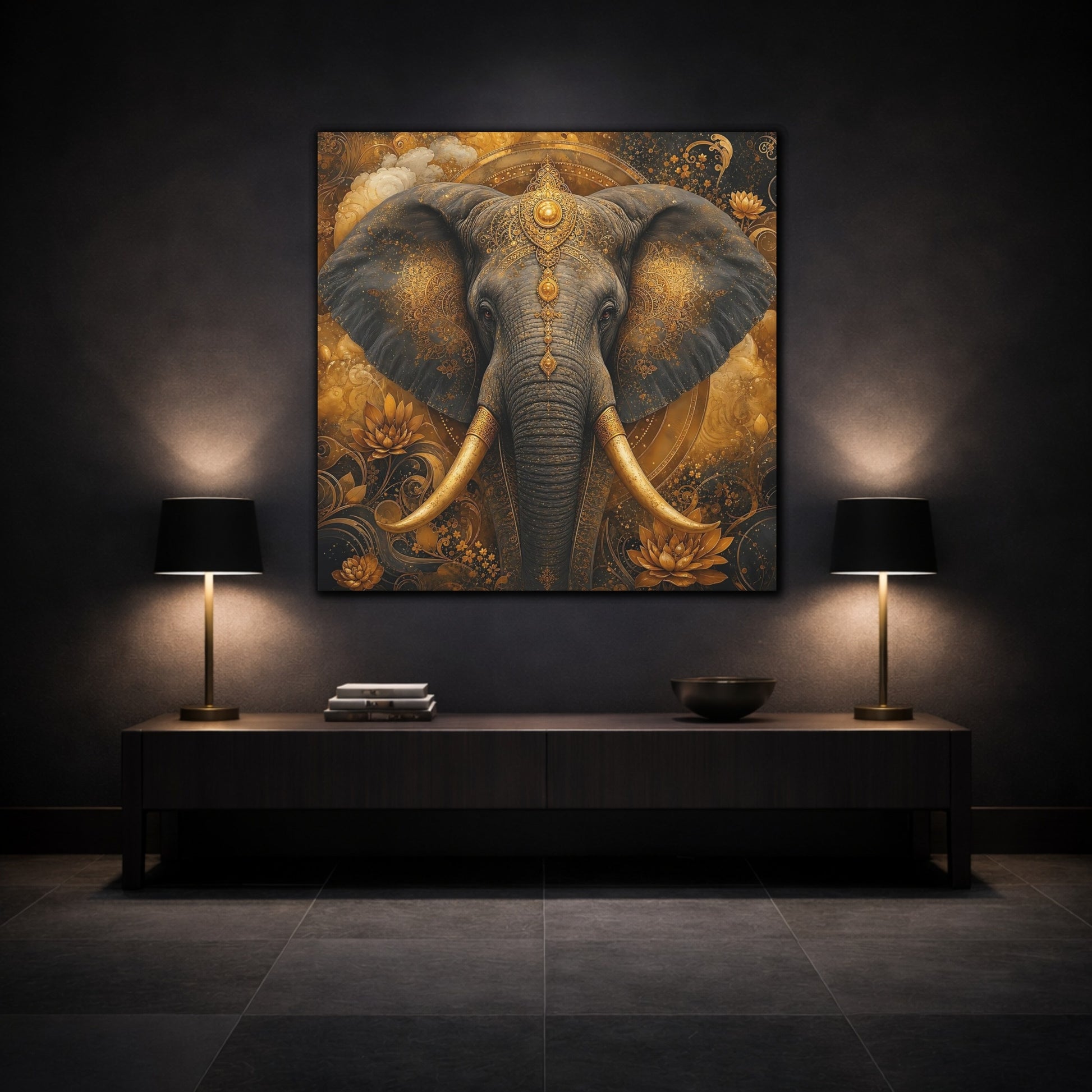 Mockup 3. Animals Elephant Gold Elephant shown as stretched canvas wall art