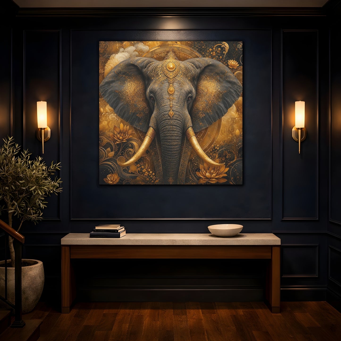 Mockup 4. Animals Elephant Gold Elephant shown as stretched canvas wall art