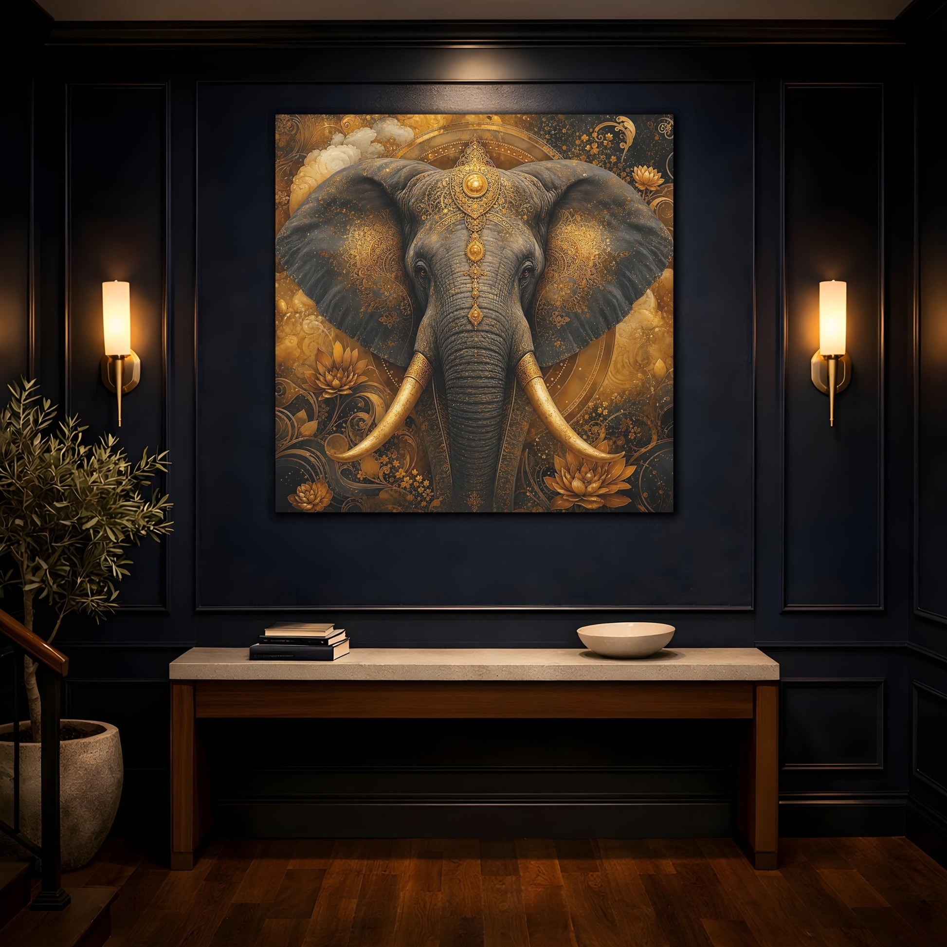 Mockup 4. Animals Elephant Gold Elephant shown as stretched canvas wall art