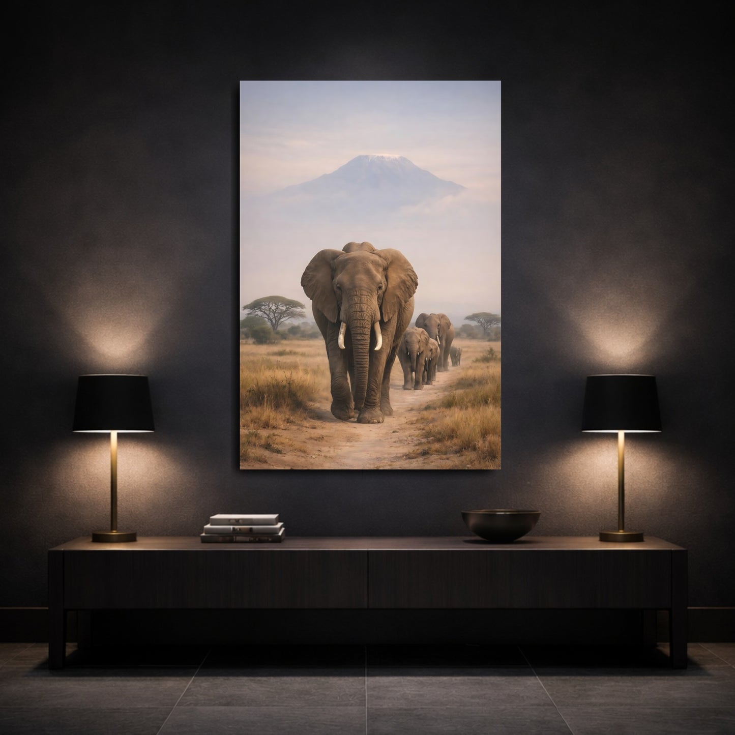 Mockup 2. Animals Elephant Herd African Elephants shown as stretched canvas wall art