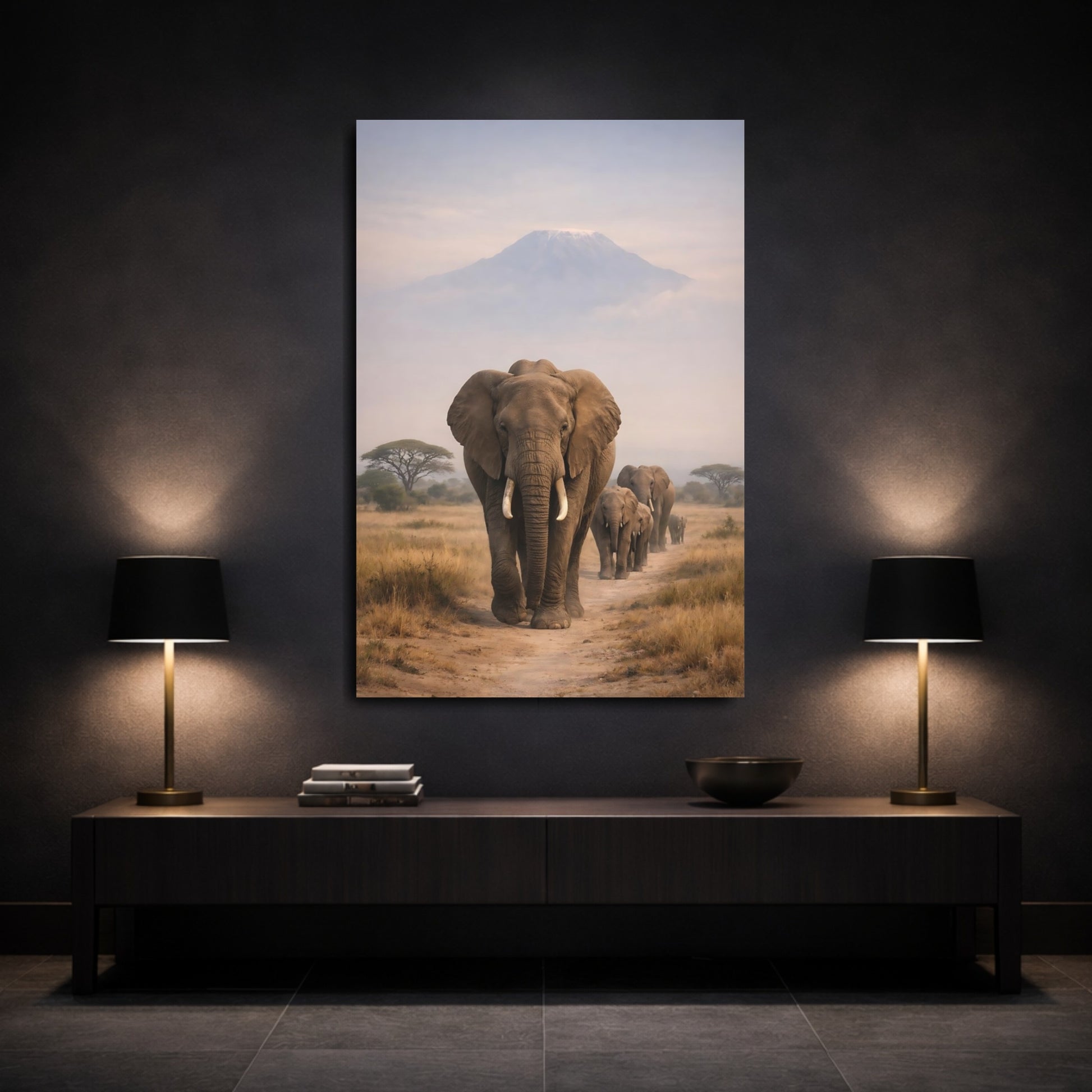 Mockup 2. Animals Elephant Herd African Elephants shown as stretched canvas wall art