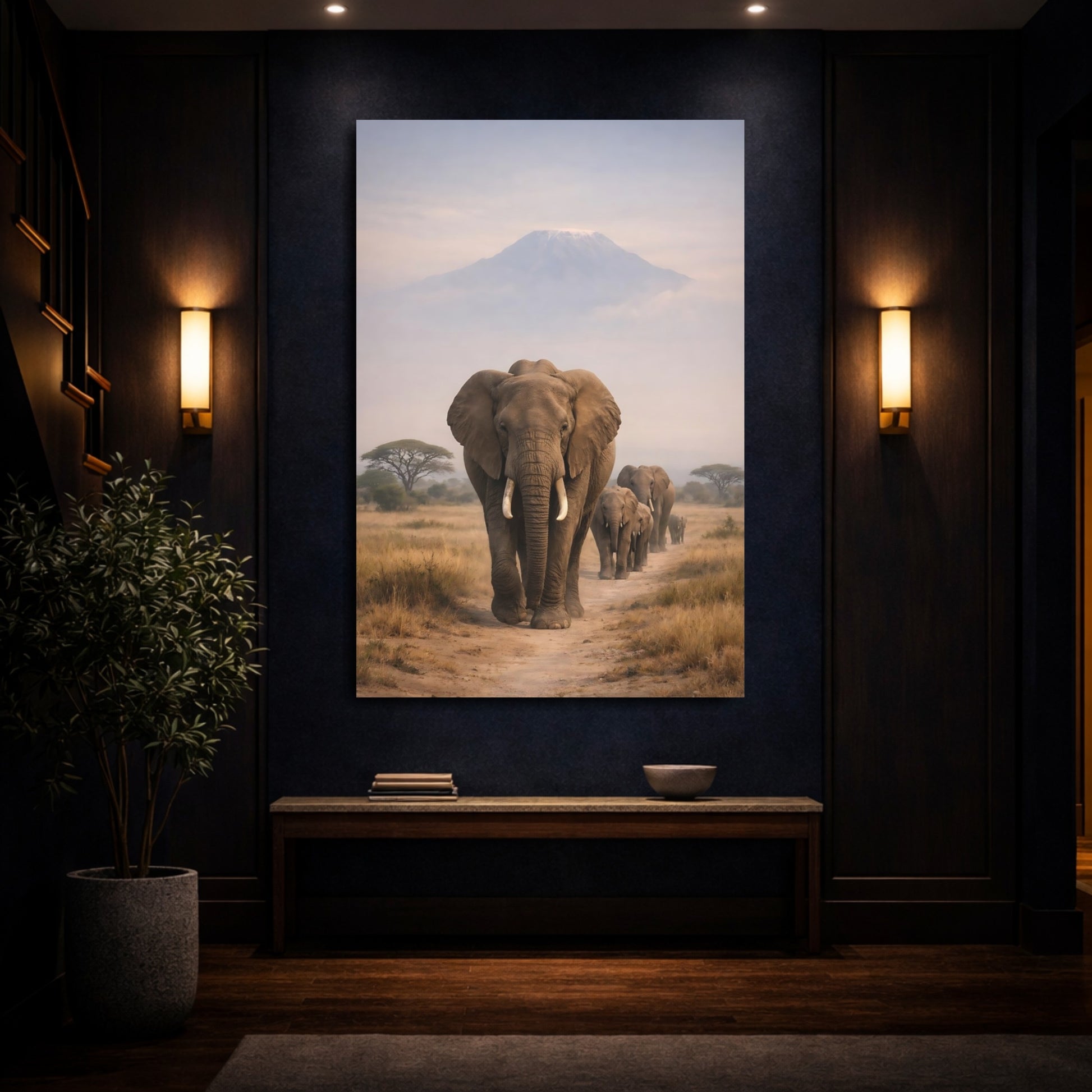 Mockup 3. Animals Elephant Herd African Elephants shown as stretched canvas wall art