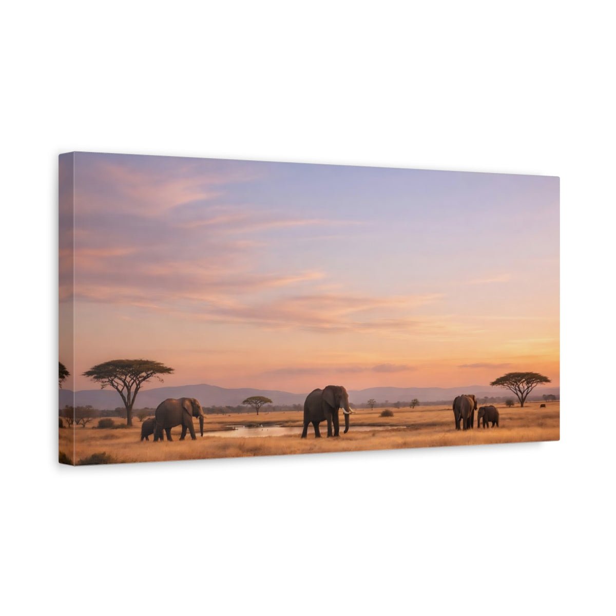 Animals Elephant Herd African Sunset - Canvas Wall Art Print - YesArtYes