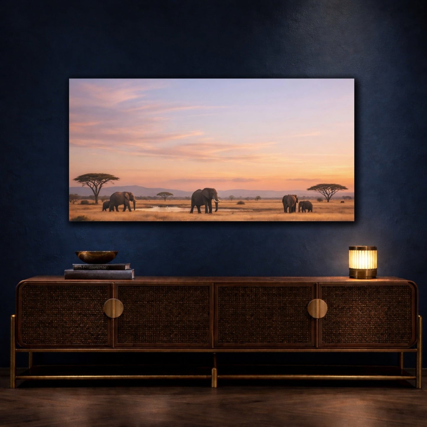 Animals Elephant Herd African Sunset - Canvas Wall Art Print - YesArtYes