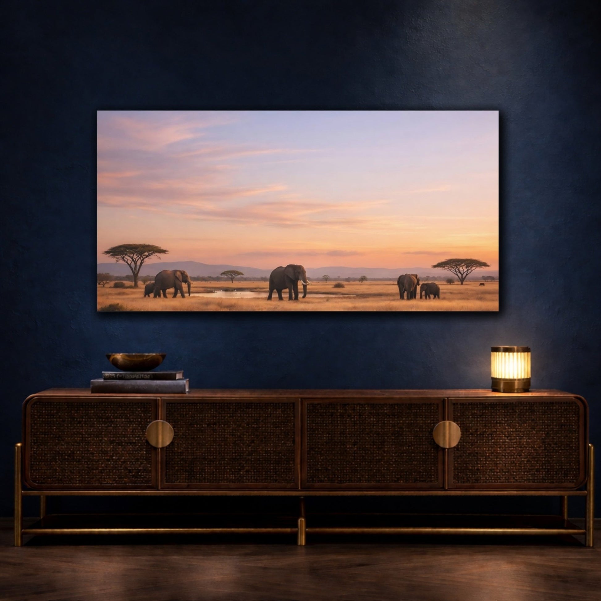 Animals Elephant Herd African Sunset - Canvas Wall Art Print - YesArtYes