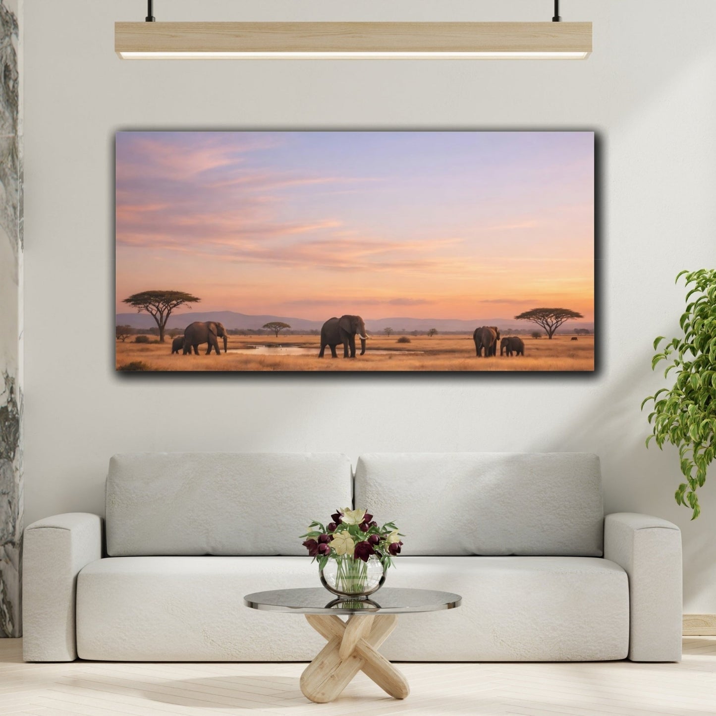 Animals Elephant Herd African Sunset - Canvas Wall Art Print - YesArtYes