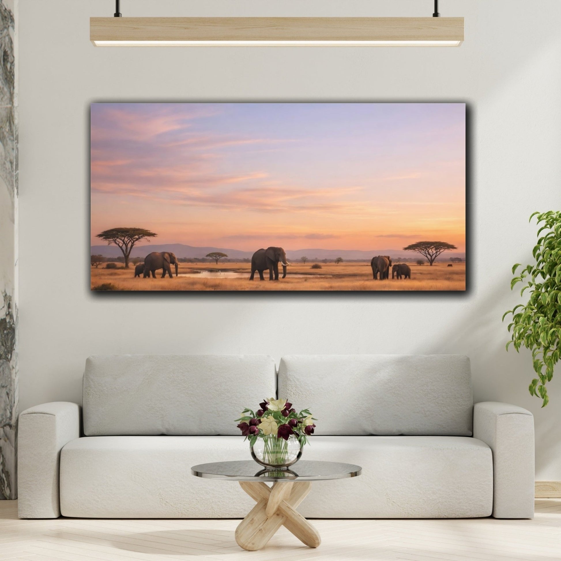 Animals Elephant Herd African Sunset - Canvas Wall Art Print - YesArtYes