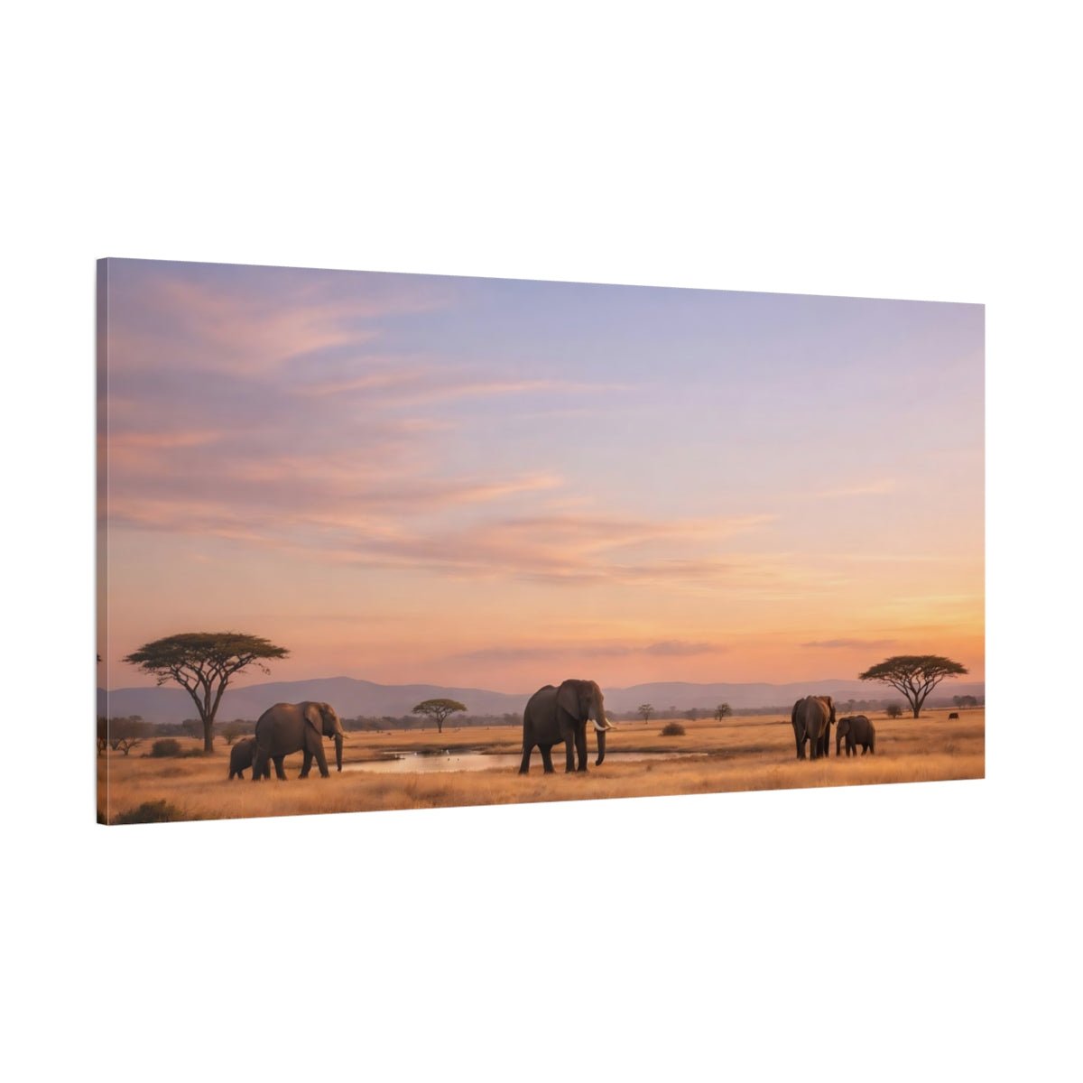 Animals Elephant Herd African Sunset - Canvas Wall Art Print - YesArtYes
