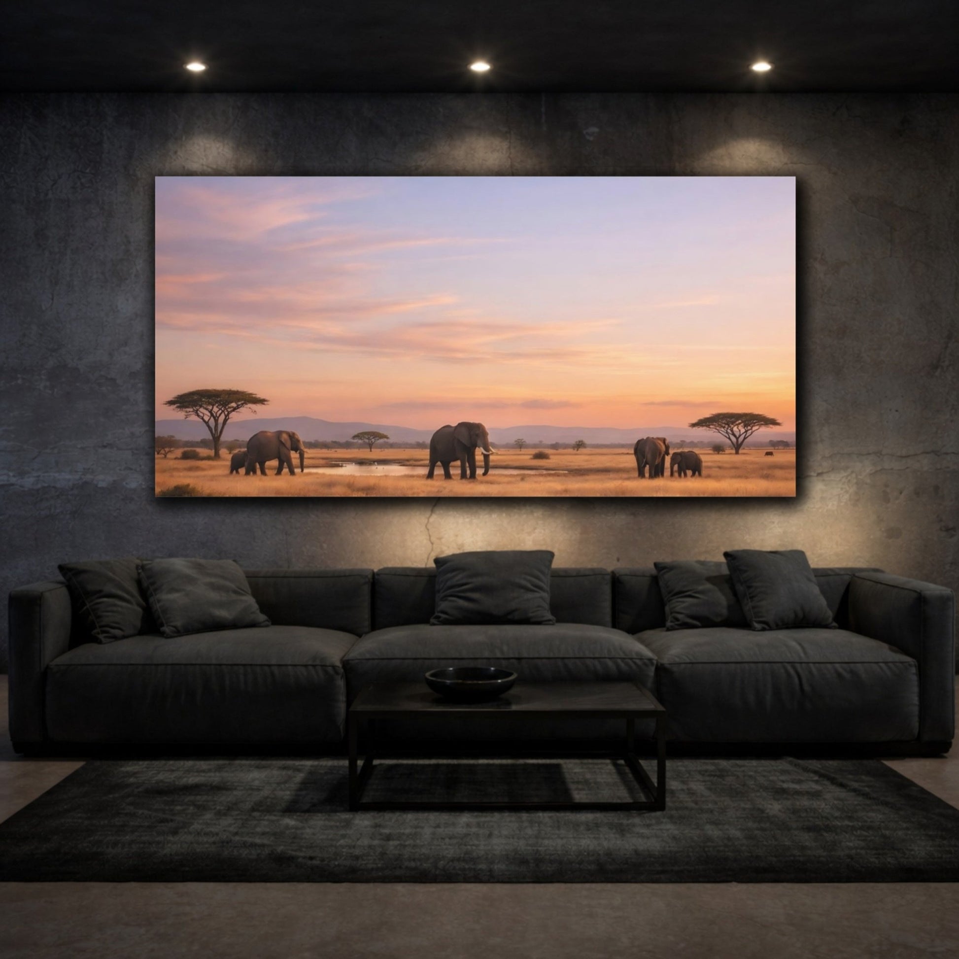 Animals Elephant Herd African Sunset - Canvas Wall Art Print - YesArtYes