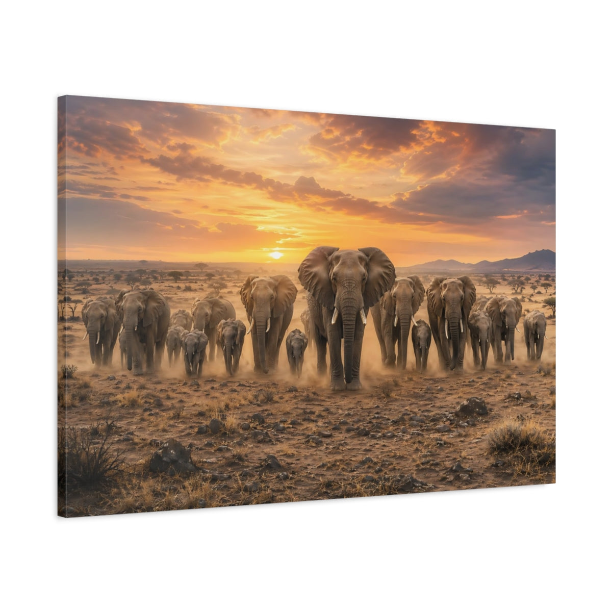 Main Mockup. Animals Elephant Herd Elephants Sunset shown as stretched canvas wall art