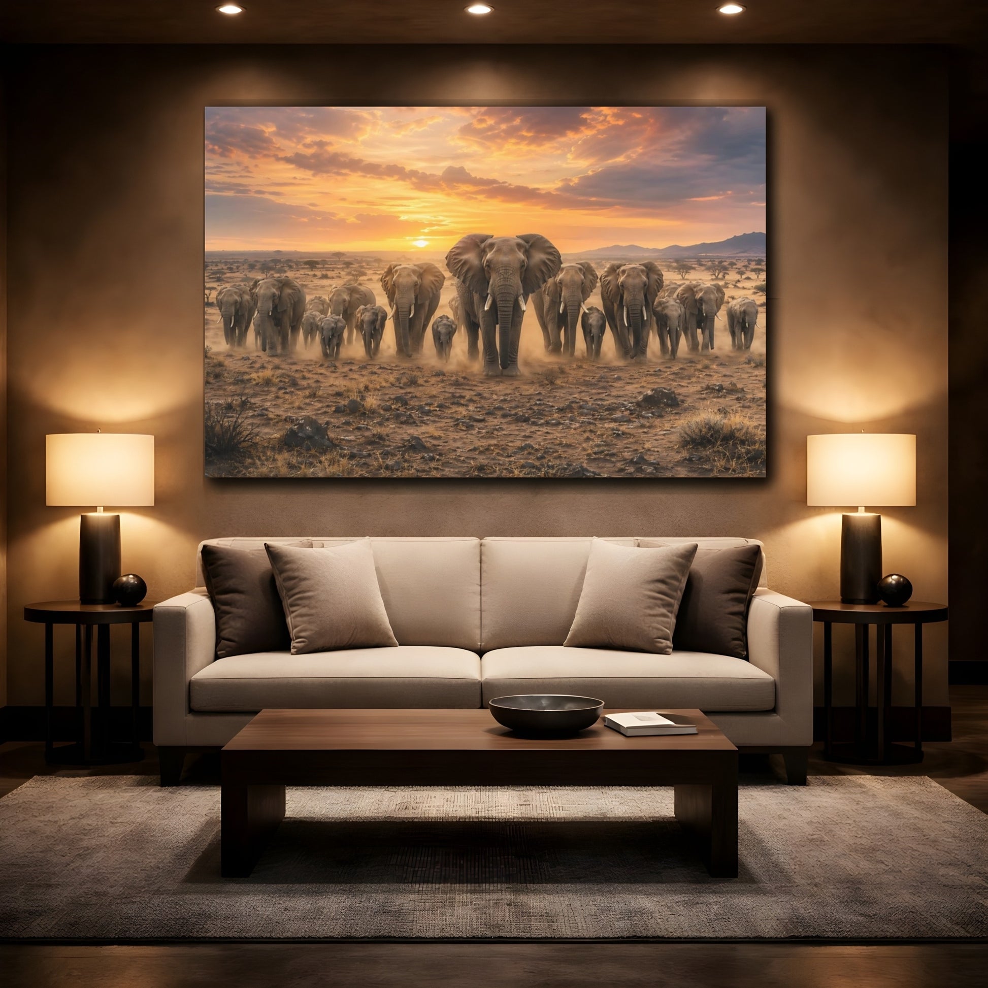 Mockup 2. Animals Elephant Herd Elephants Sunset shown as stretched canvas wall art