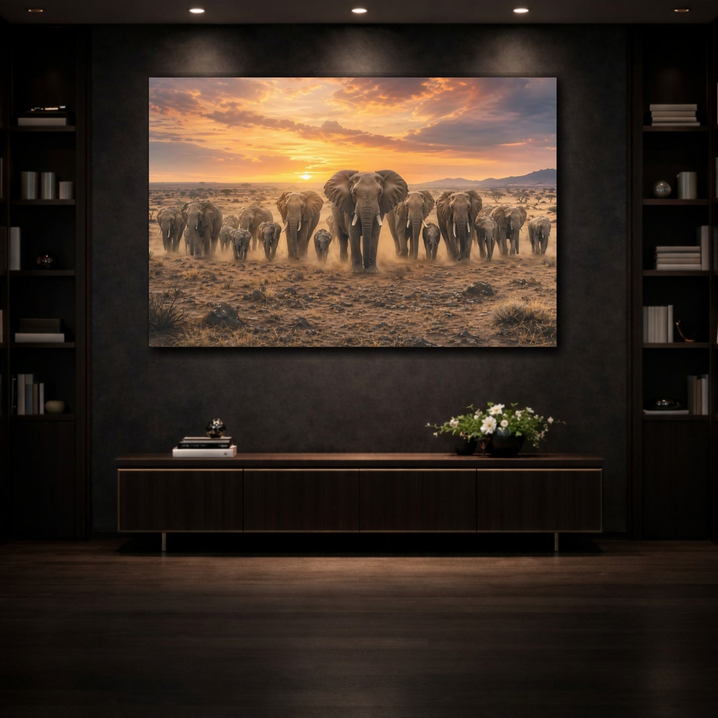 Mockup 3. Animals Elephant Herd Elephants Sunset shown as stretched canvas wall art