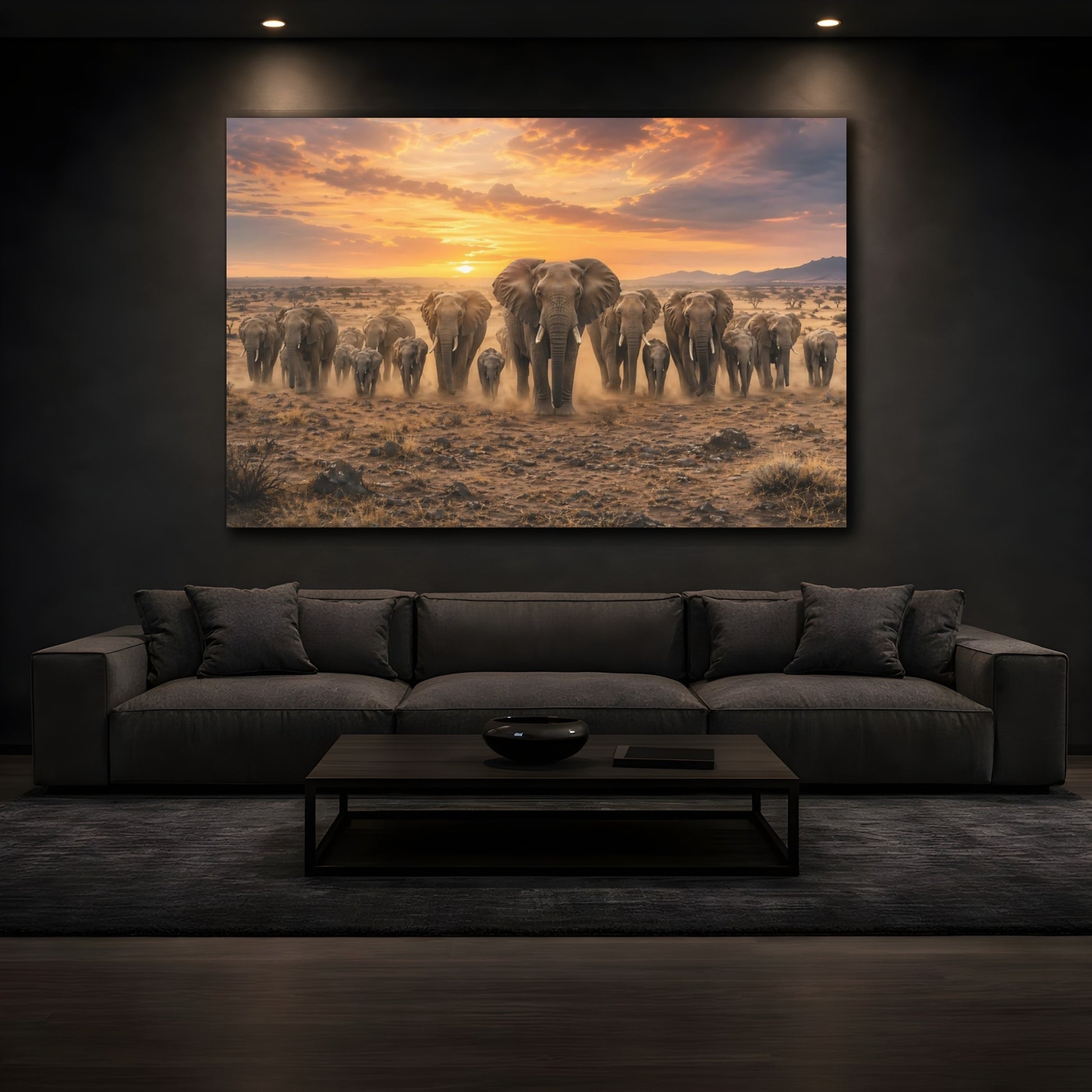 Mockup 4. Animals Elephant Herd Elephants Sunset shown as stretched canvas wall art
