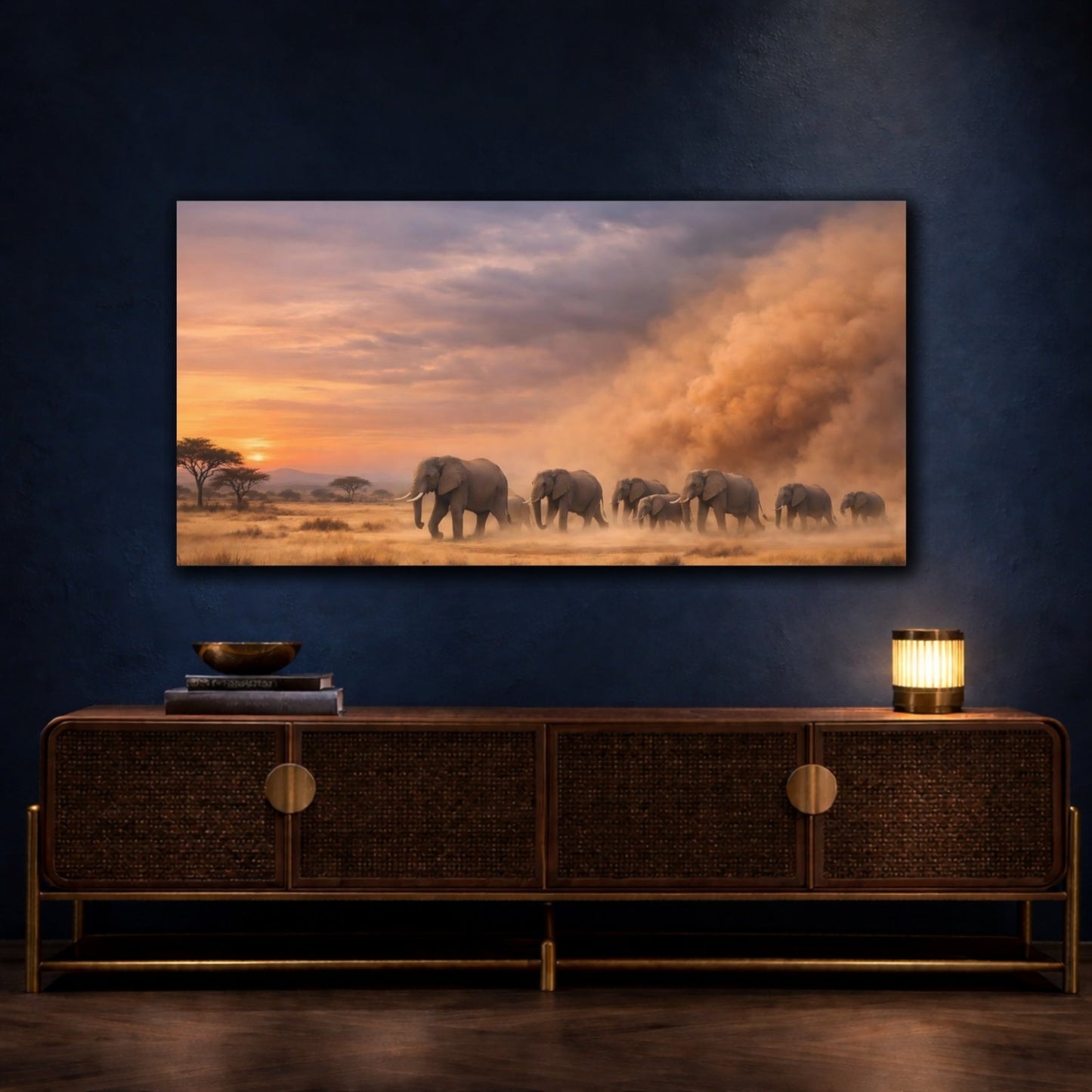 Animals Elephant Herd Orange And Grey - Canvas Wall Art Print - YesArtYes